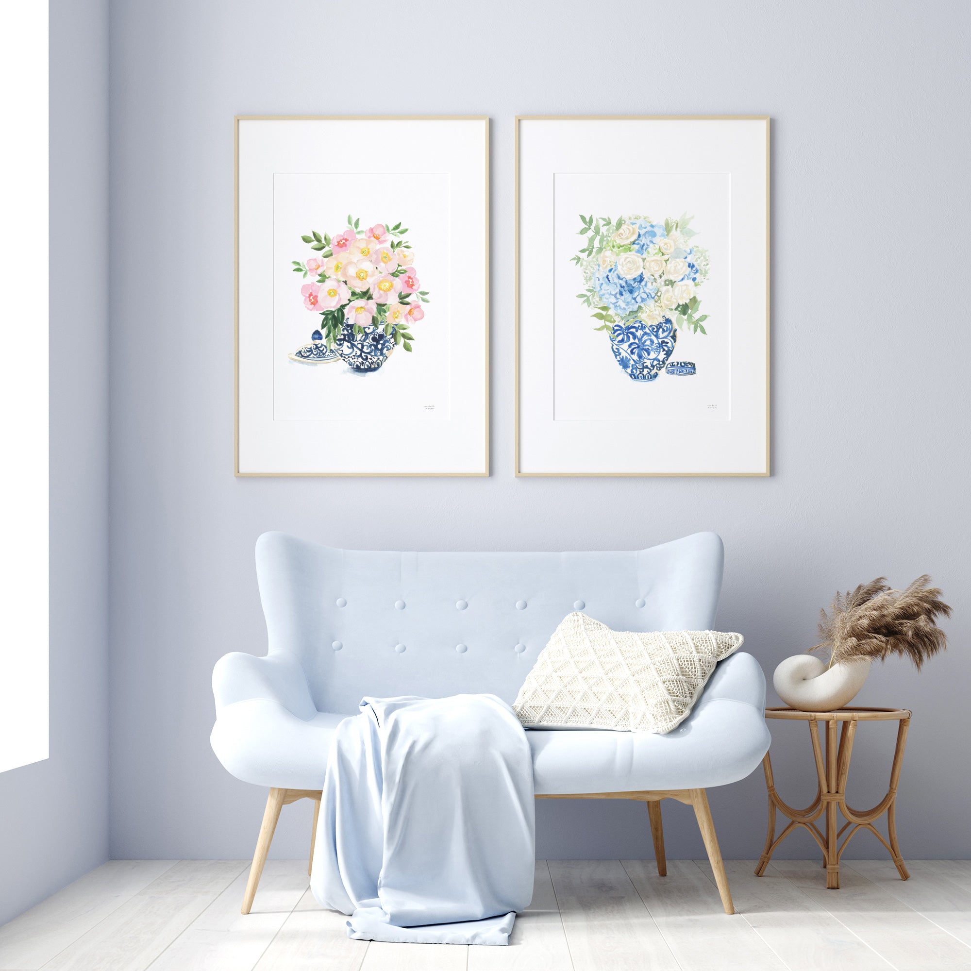 Two paper art prints with pastel flowers in blue and white ginger jars. Watercolor whimsical illustrations perfectly match the traditional Grandmillennial home decor. Unframed ready for you to add to your own matt and or frame you have at home.