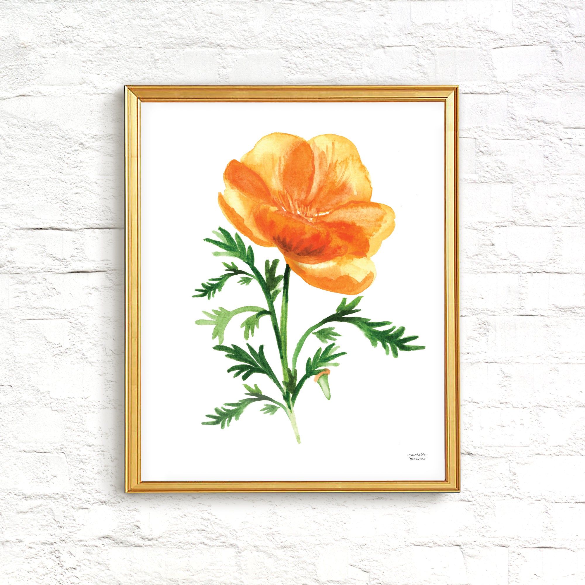 California Golden Poppy Watercolor Floral Wall Art Print