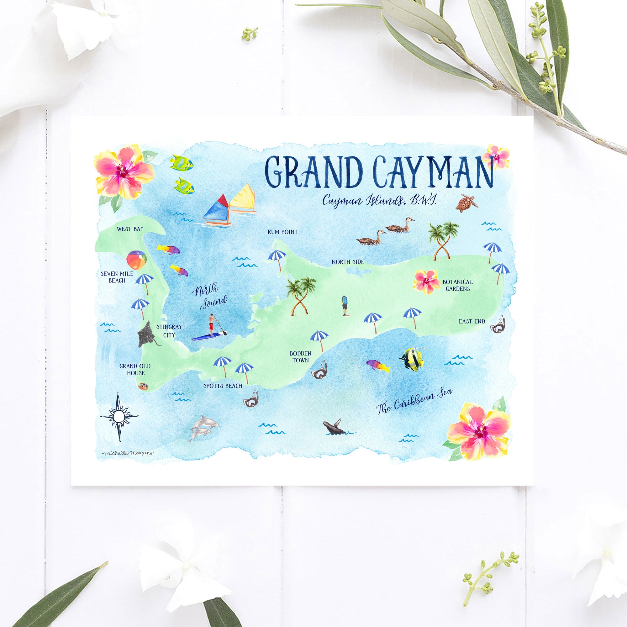 Grand Cayman Map Watercolor Art Print by Michelle Mospens