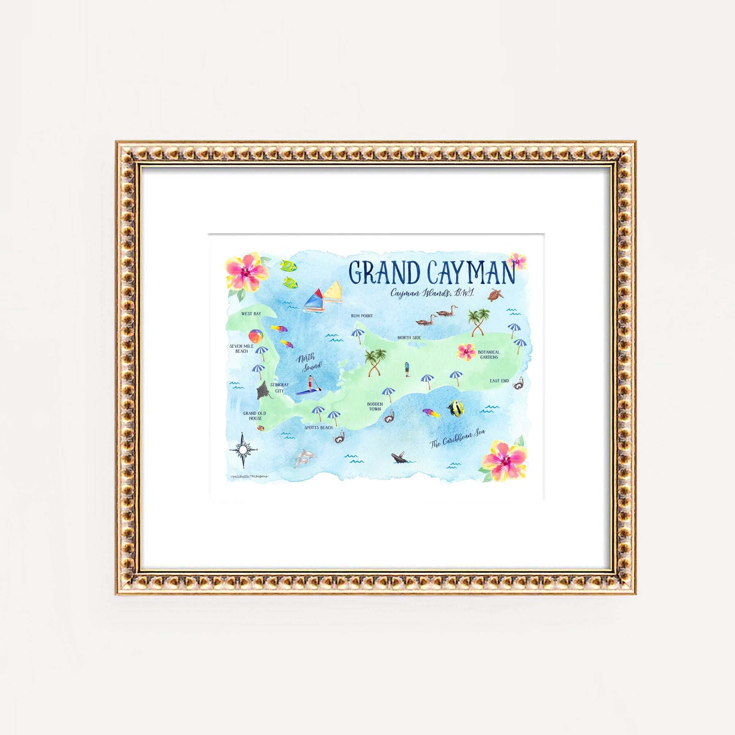Grand Cayman Map Watercolor Art Print by Michelle Mospens
