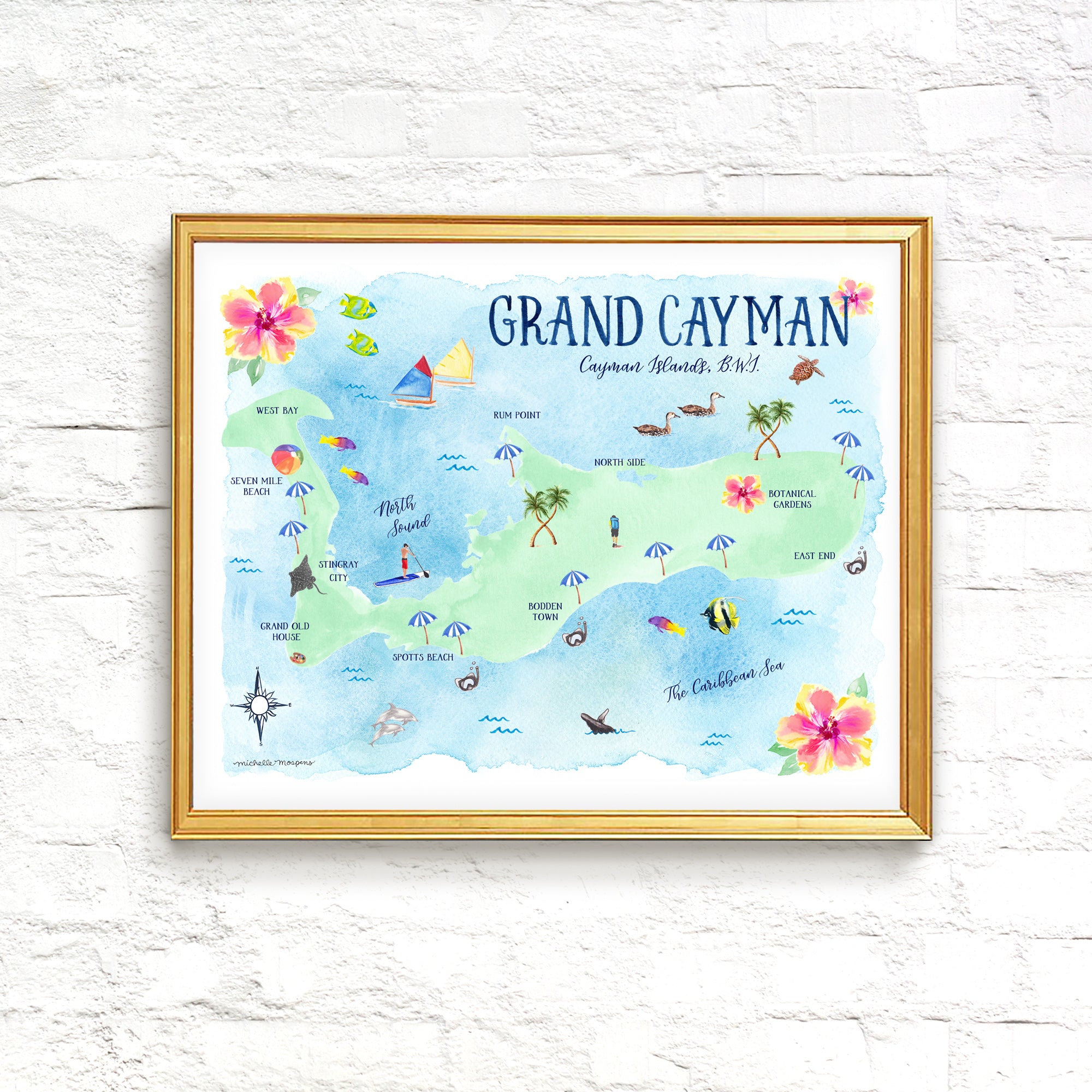 Grand Cayman Map Watercolor Art Print by Michelle Mospens