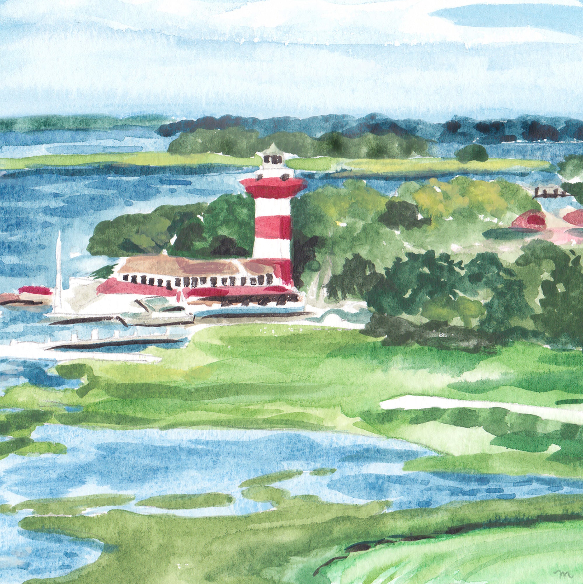 Watercolor Harbour Town in The Sea Pines Resort at Hilton Head Island Art Print