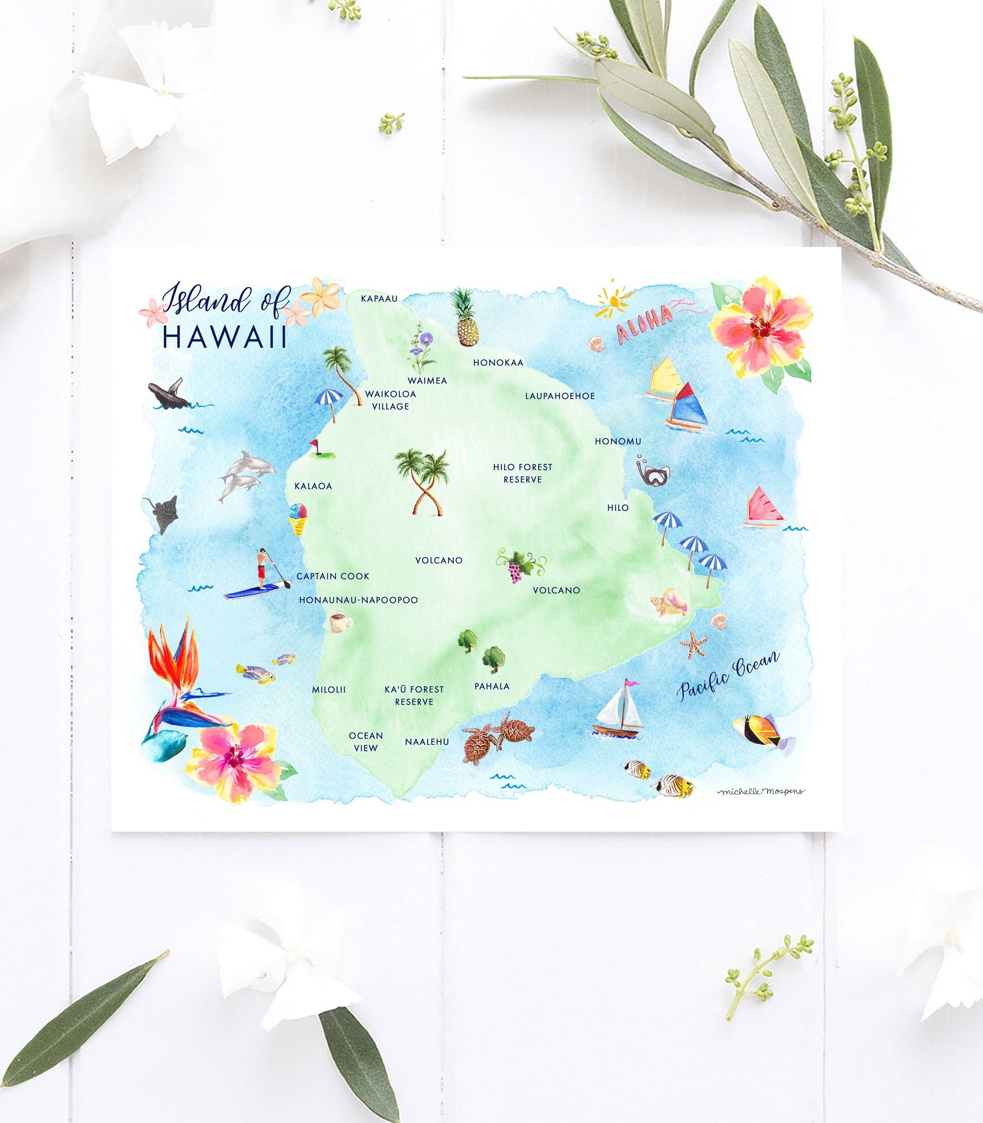 Island Of Hawaii map art print by Michelle Mospens.