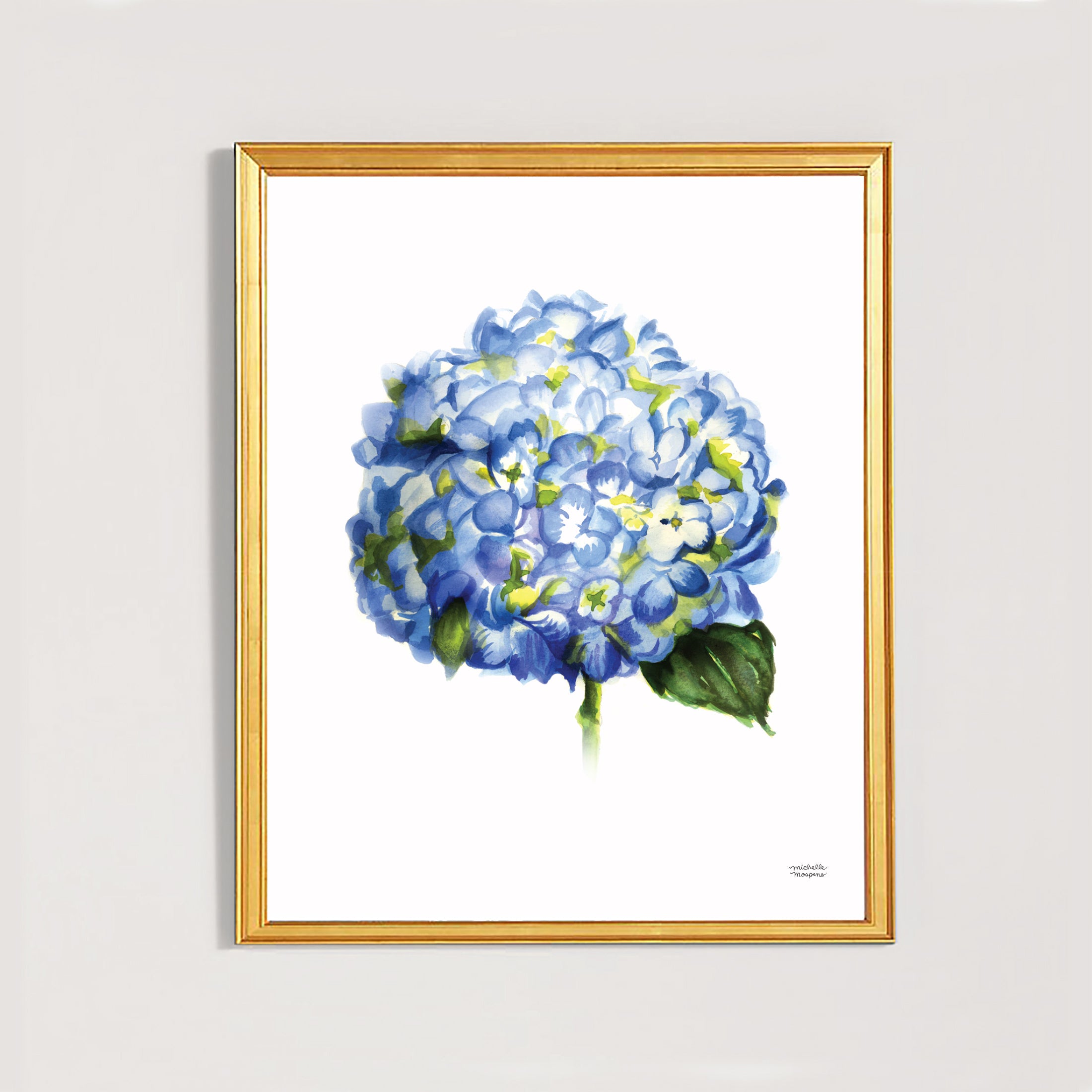 Blue Hydrangea Floral Watercolor Wall Art Print by artist Michelle Mospens.