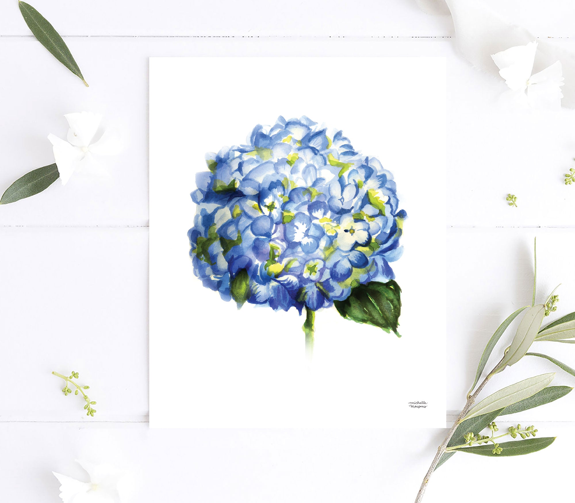 Blue Hydrangea Floral Watercolor Wall Art Print by artist Michelle Mospens.