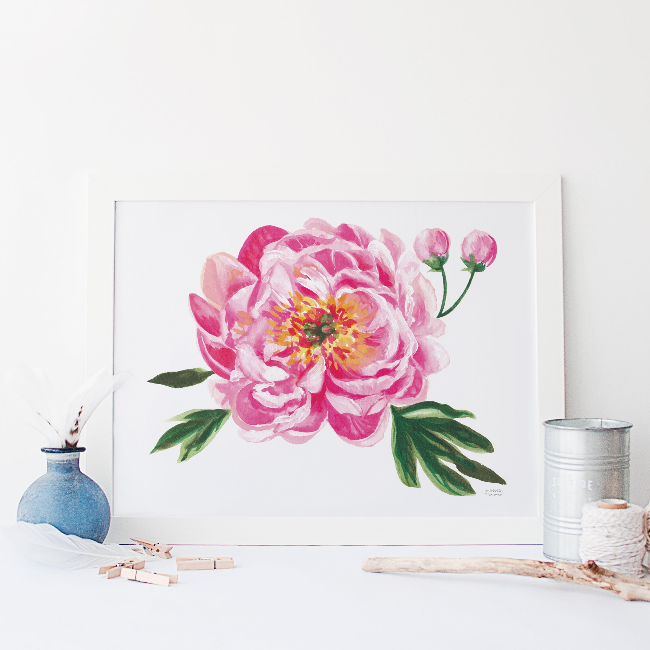Watercolor pink peony bloom flower wall art print.