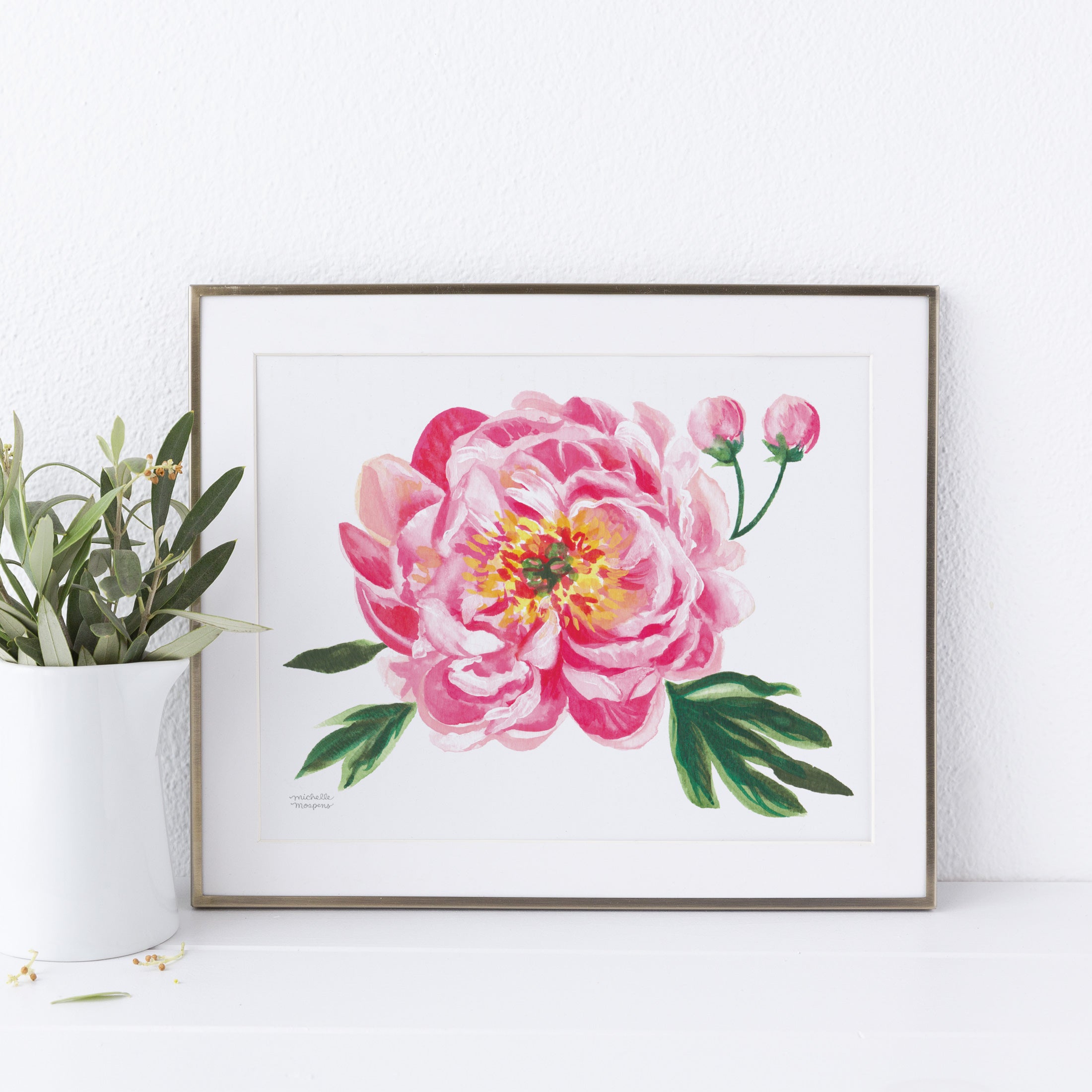 Watercolor pink peony bloom flower wall art print.