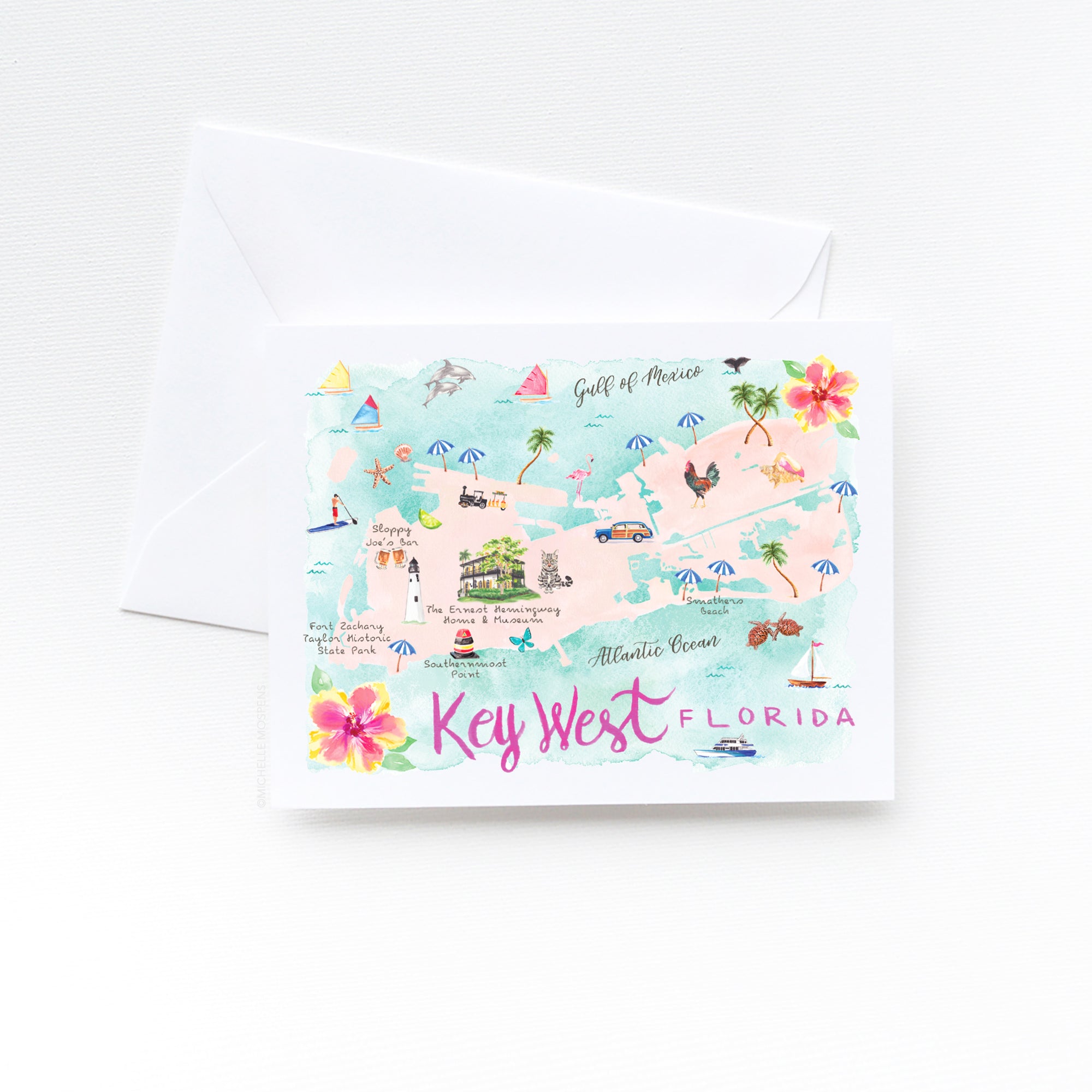 Set of Illustrated Key West Florida Note Cards: Cute Watercolor Stationery Notecards
