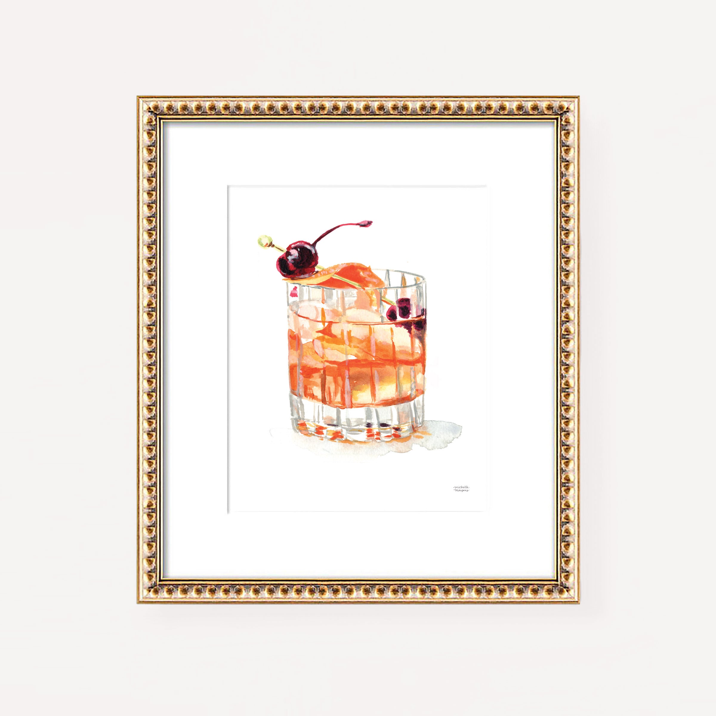Watercolor Old Fashioned Whiskey Cocktail Wall Art Print | Bar Cart Decor, Whiskey Lover Gift