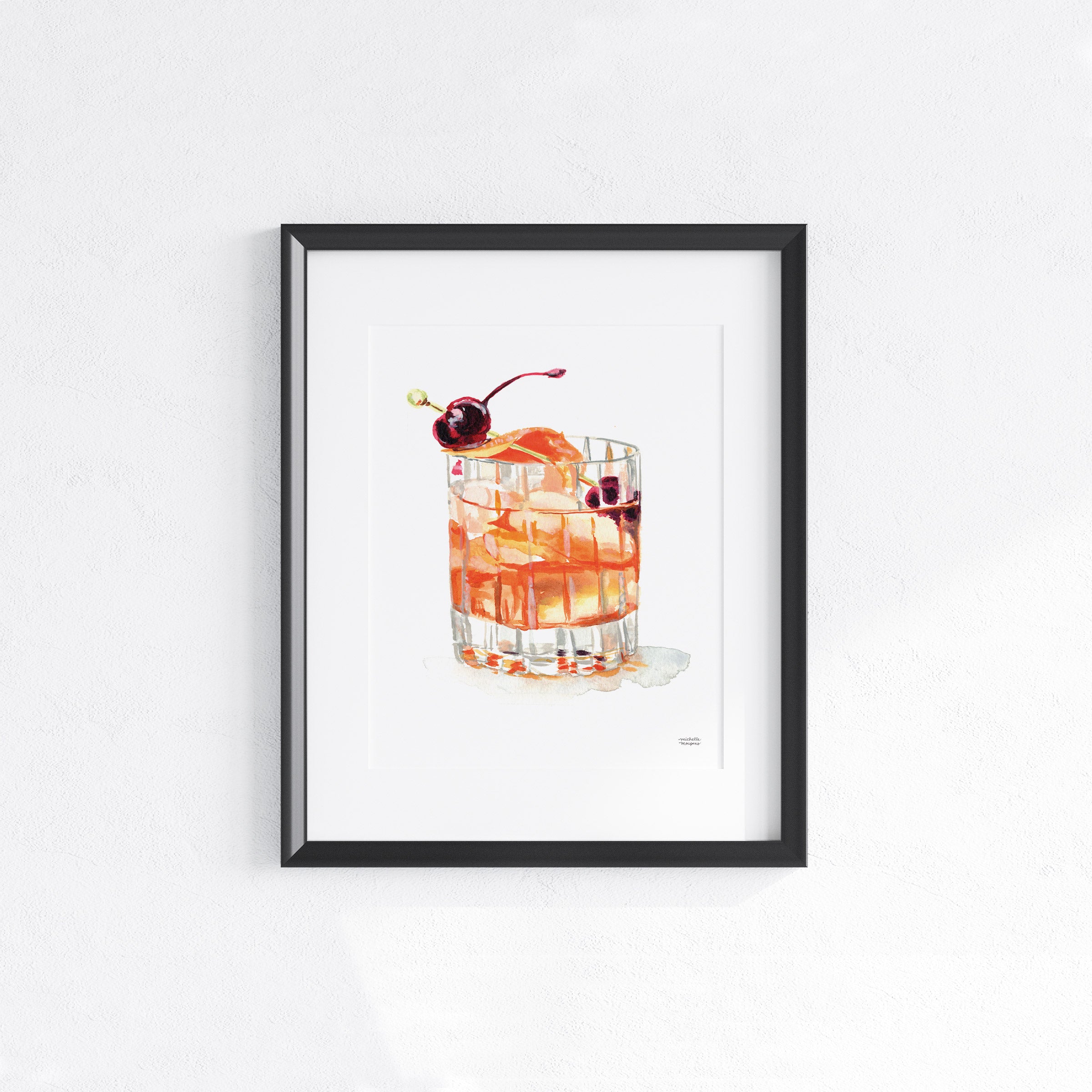 Watercolor Old Fashioned Whiskey Cocktail Wall Art Print | Bar Cart Decor, Whiskey Lover Gift