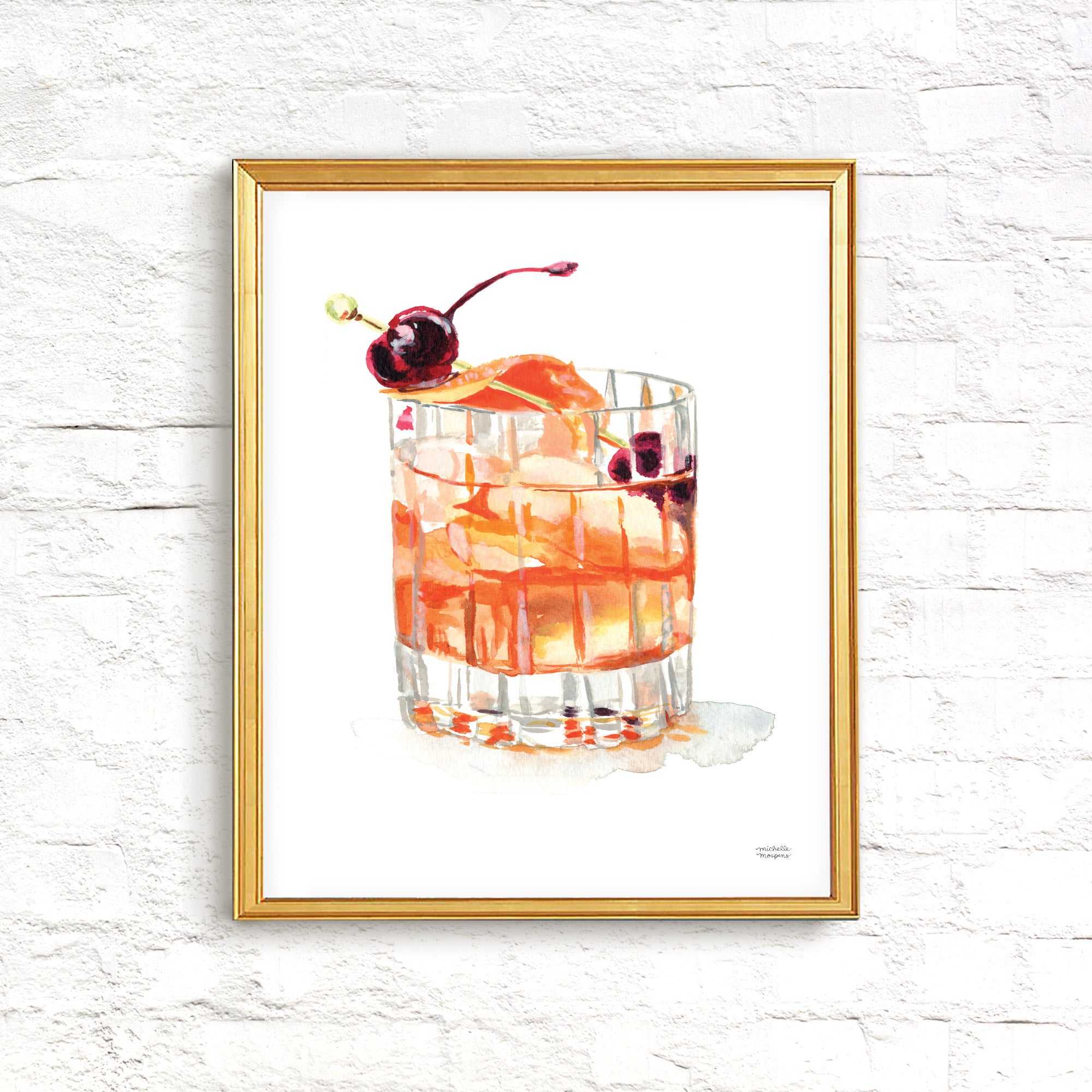 Watercolor Old Fashioned Whiskey Cocktail Wall Art Print | Bar Cart Decor, Whiskey Lover Gift