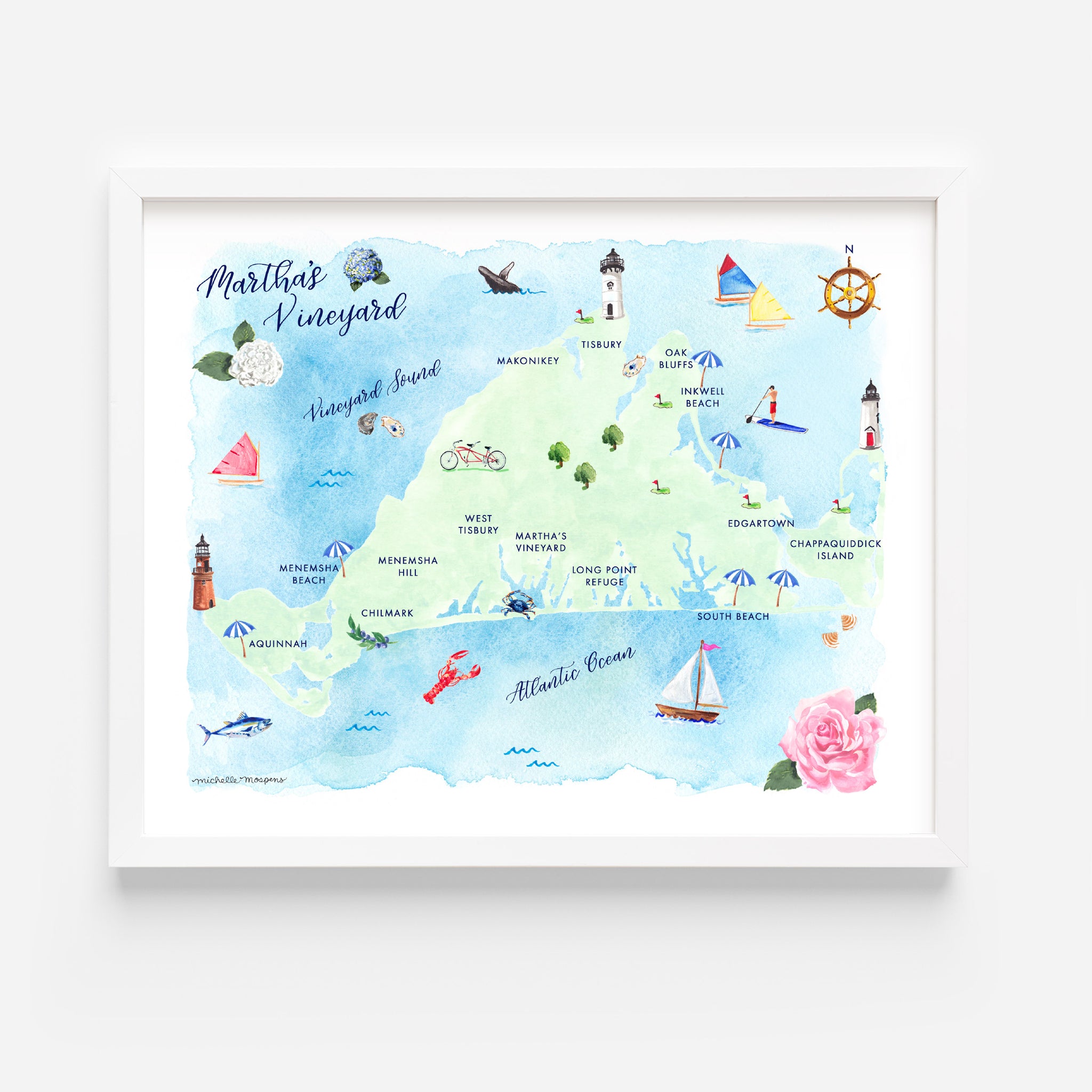 Martha's Vineyard Map Watercolor Wall Art Print