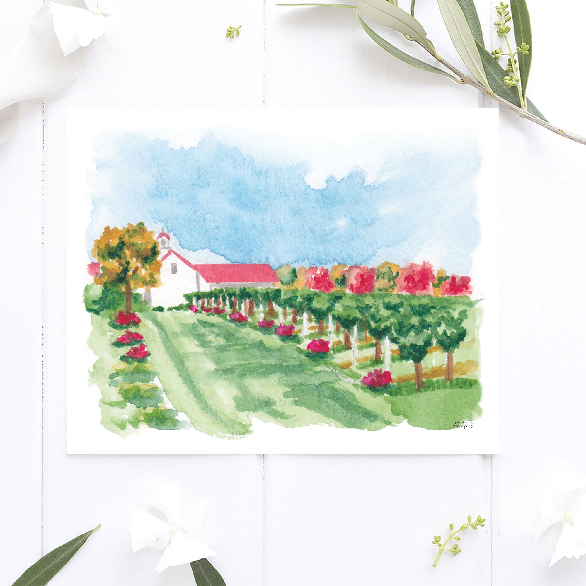 New England Winery Watercolor Landscape Wall Art Print
