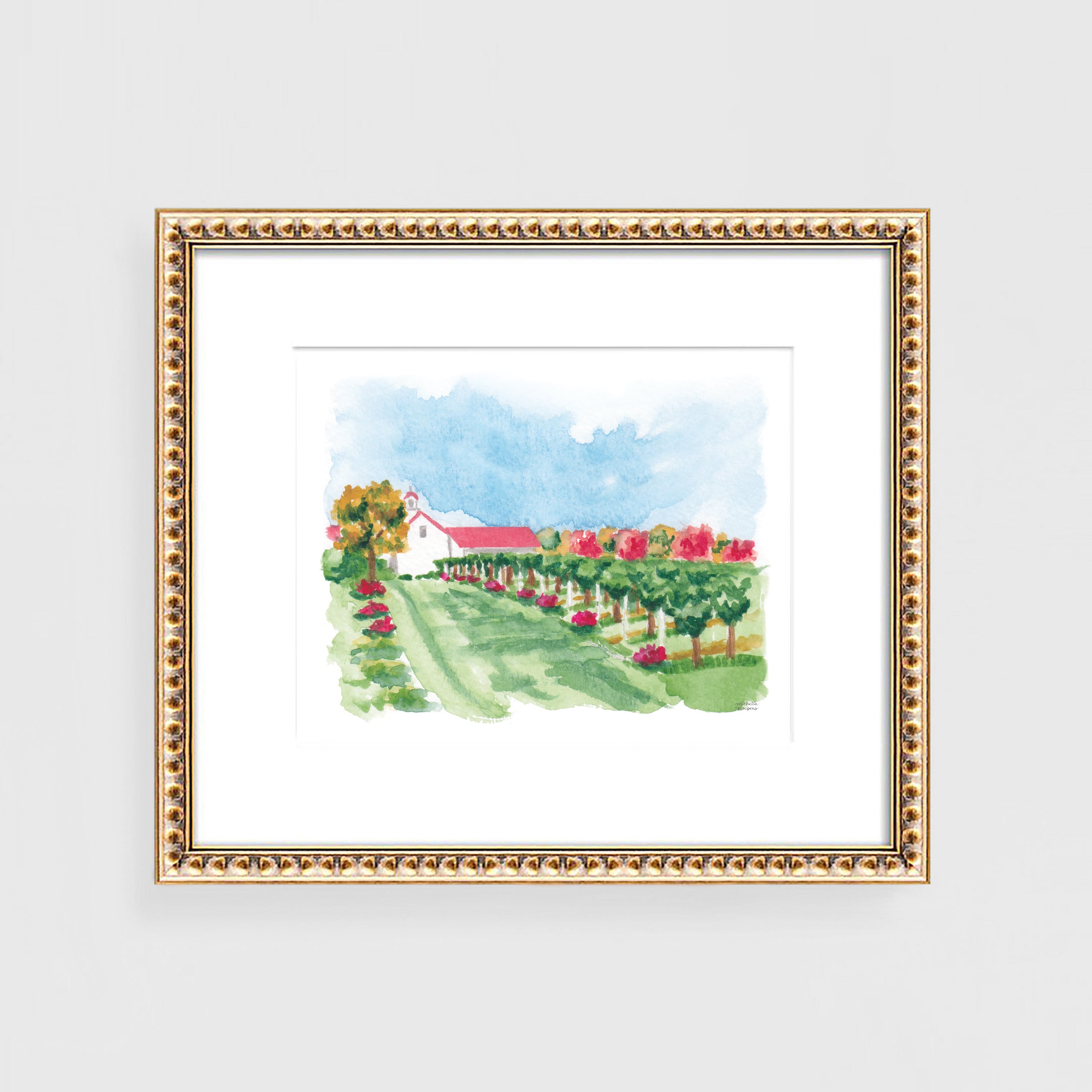 New England Winery Watercolor Landscape Wall Art Print