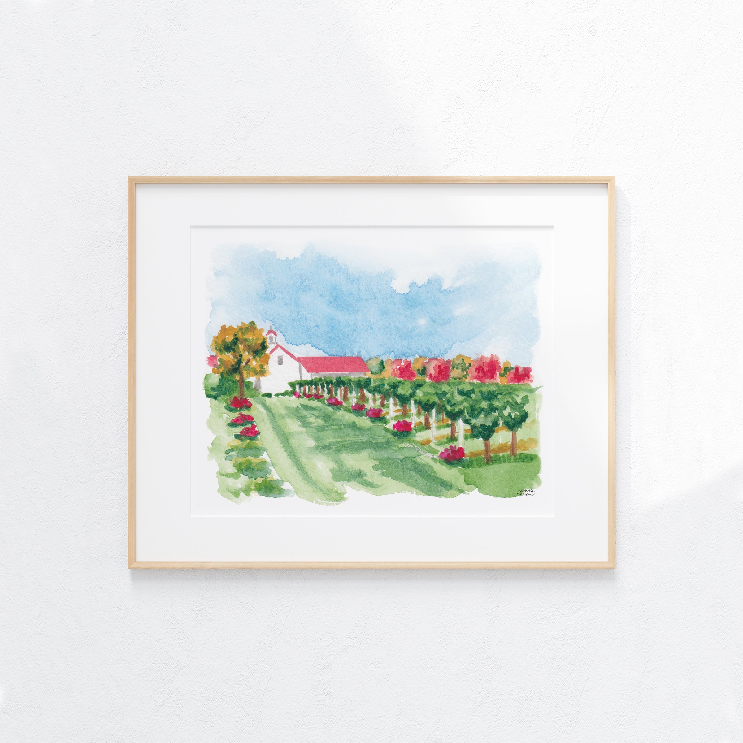 New England Winery Watercolor Landscape Wall Art Print