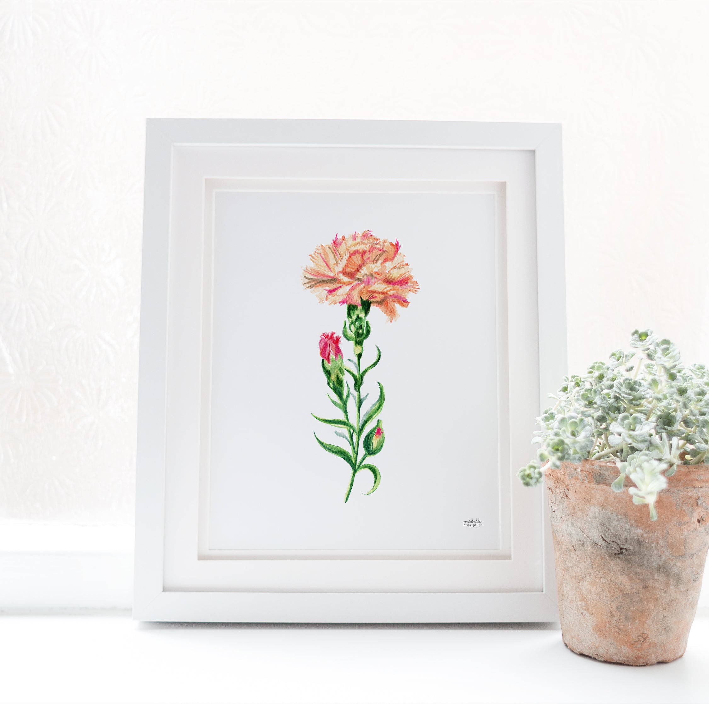 Peach Carnation Flower Art Print Unframed