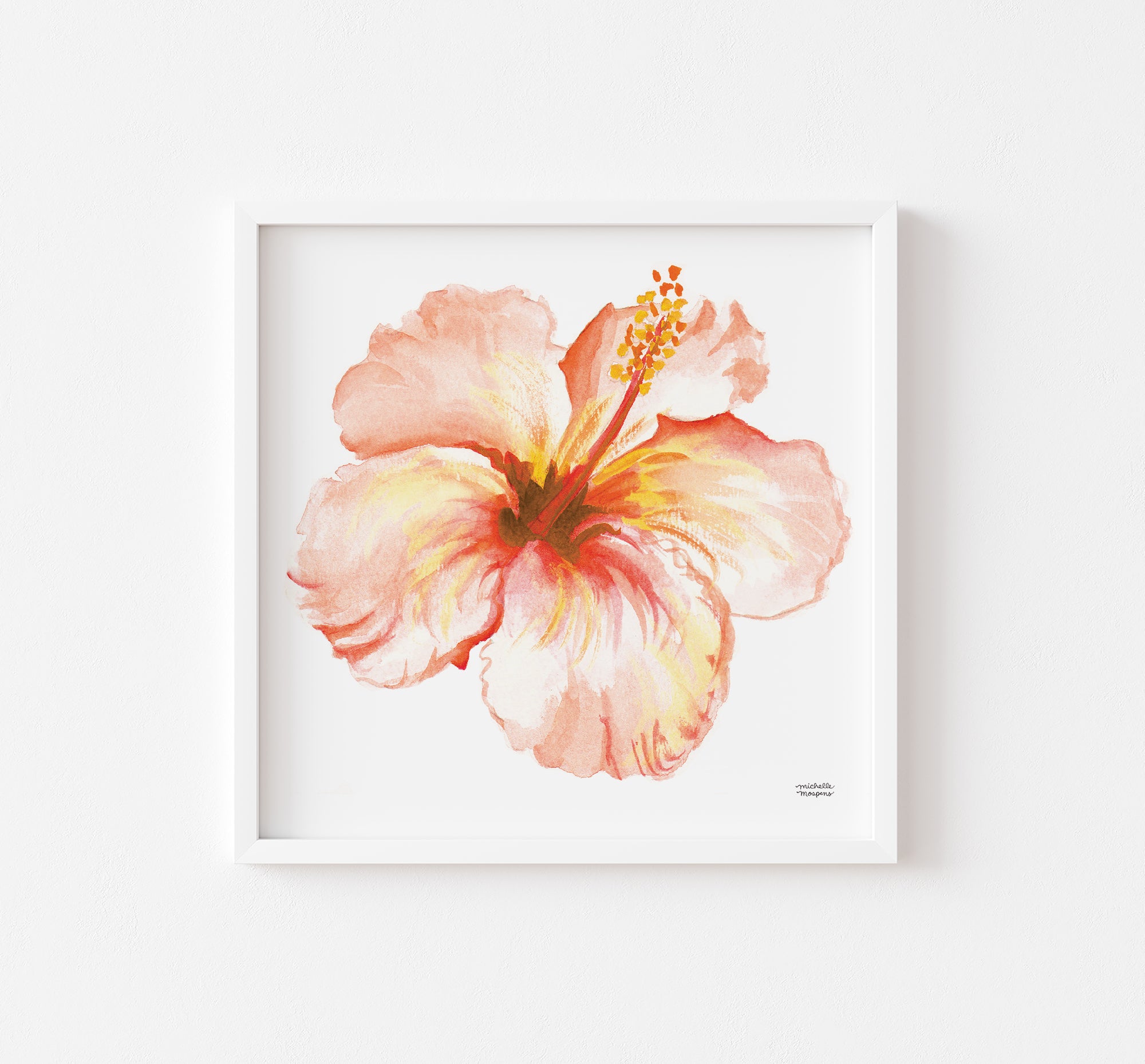 Tropical Peach Hibiscus Flower Watercolor Print by artist Michelle Mospens