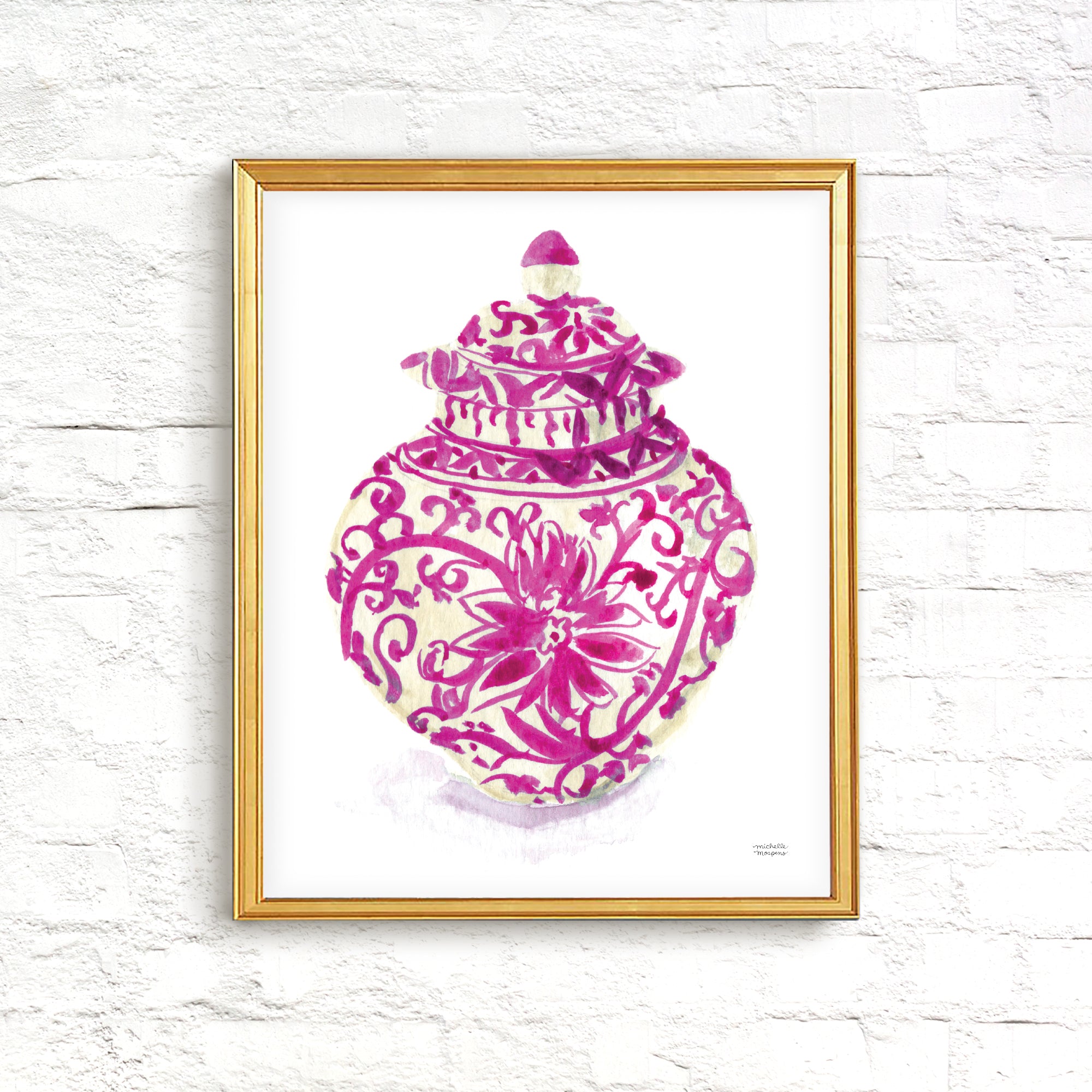 Watercolor Ginger Jar Art Print No. 4 in Pink Unframed