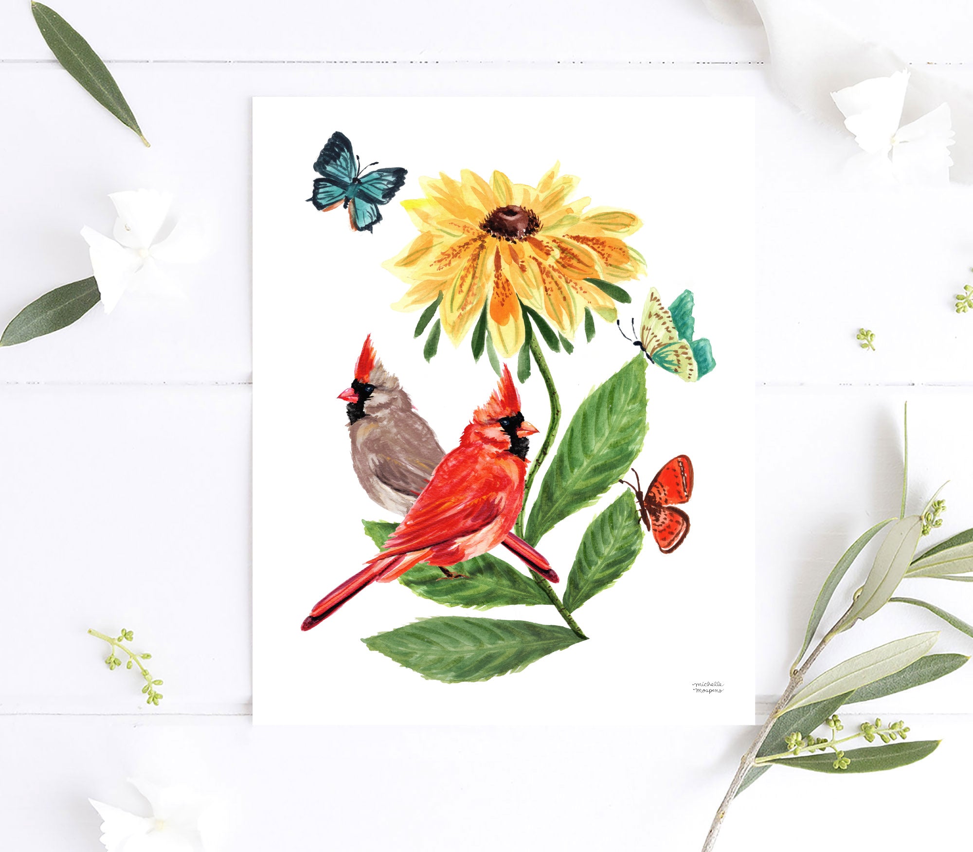 Mr. and Mrs. Cardinal Birds Watercolor Unframed Wall Art Print by Michelle Mospens