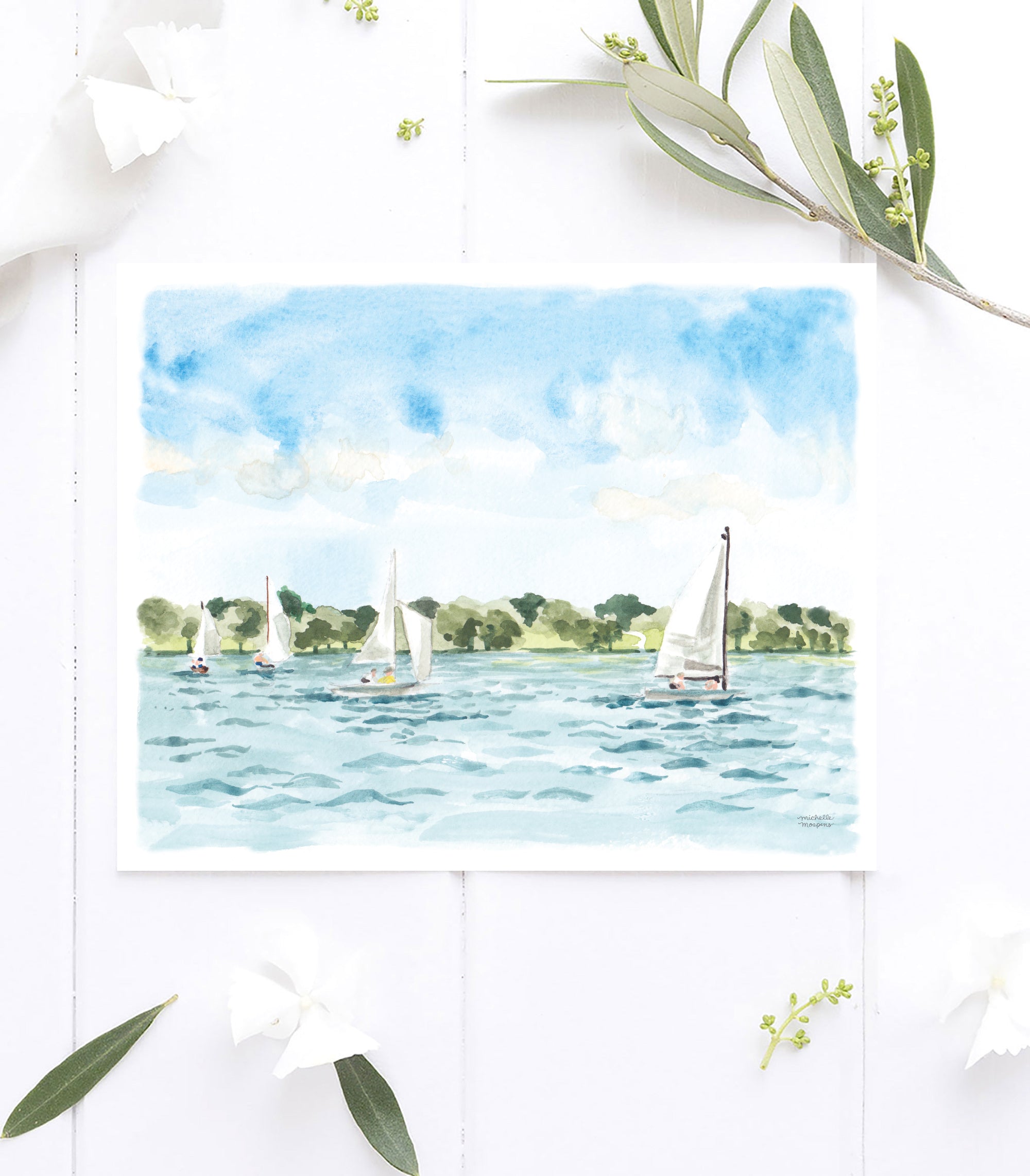Sailing No. 1 Sailboats Watercolor Painting Art Print by Michelle Mospens.