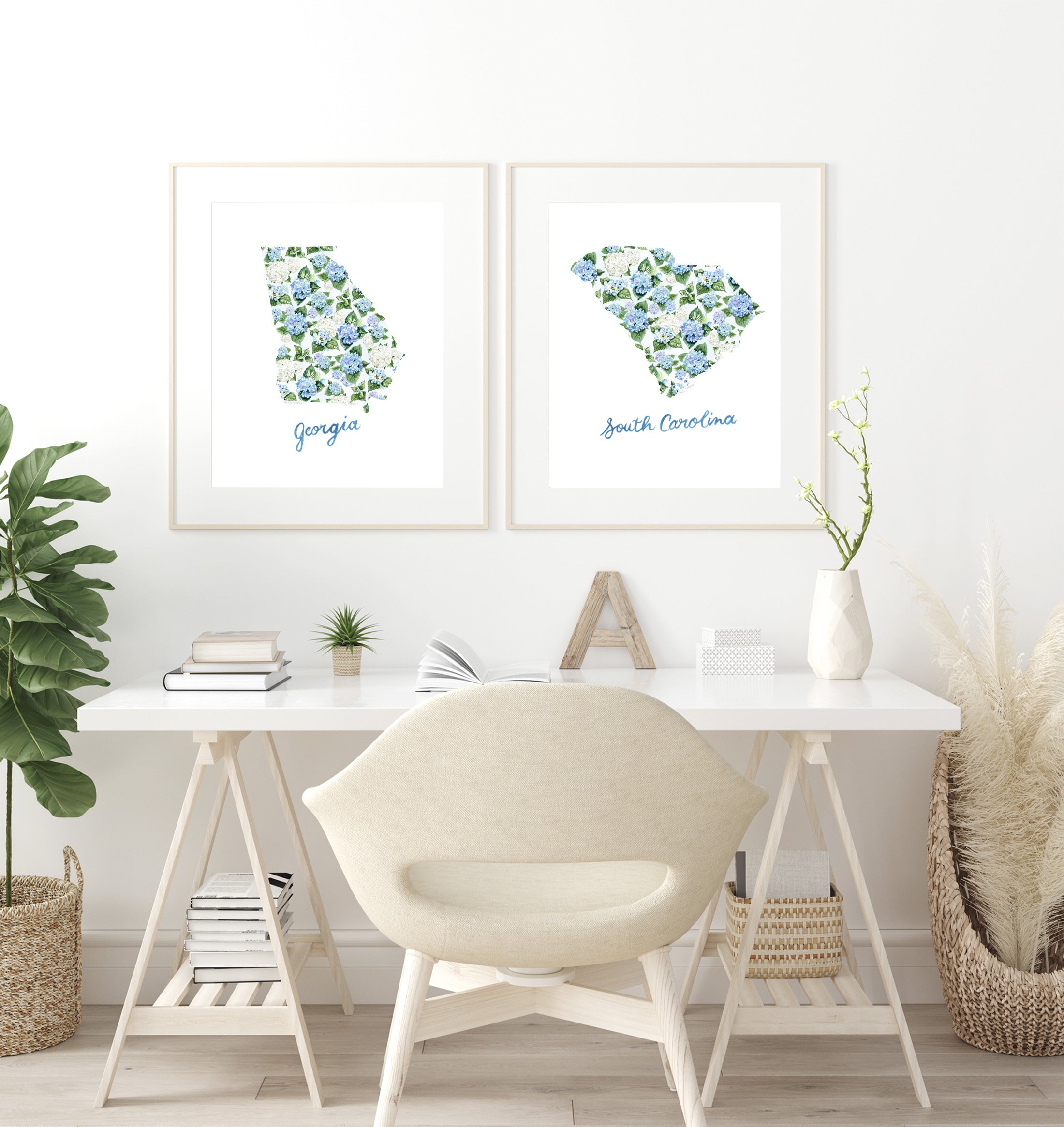 Floral Map State Art Prints Set of 2 - Choose Your States