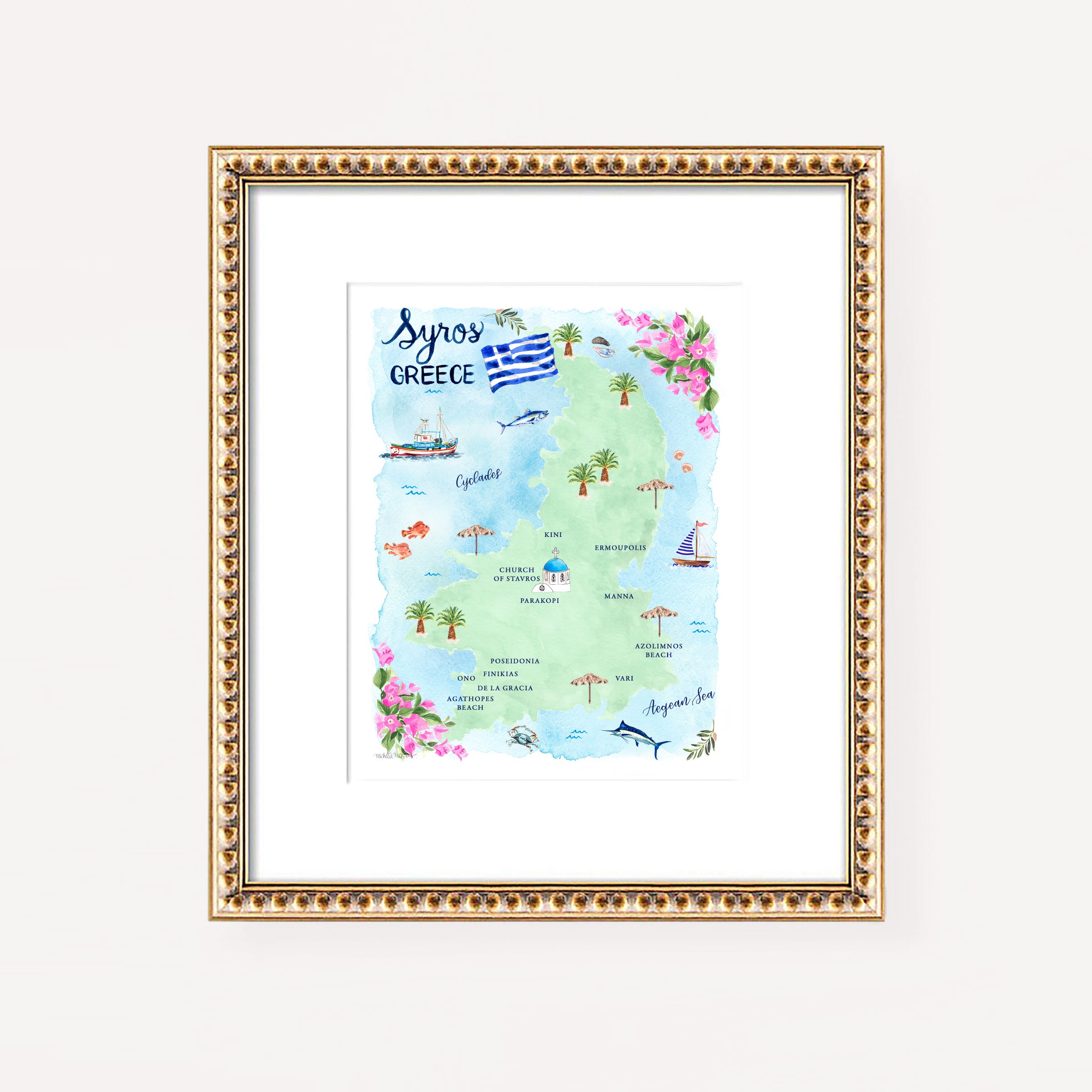 Syros Greece Map Art Print - Watercolor by Michelle Mospens