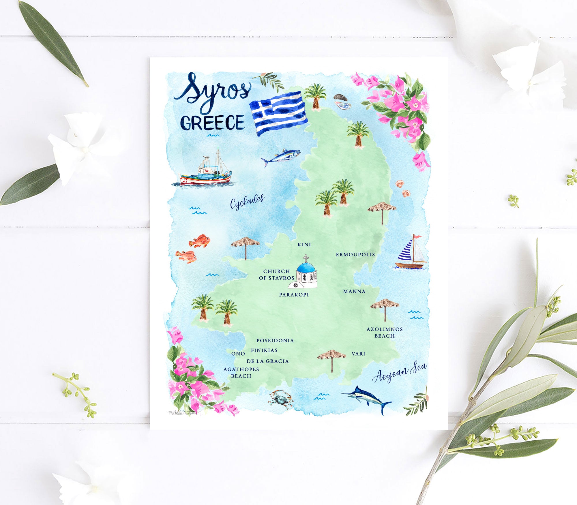 Syros Greece Map Art Print - Watercolor by Michelle Mospens