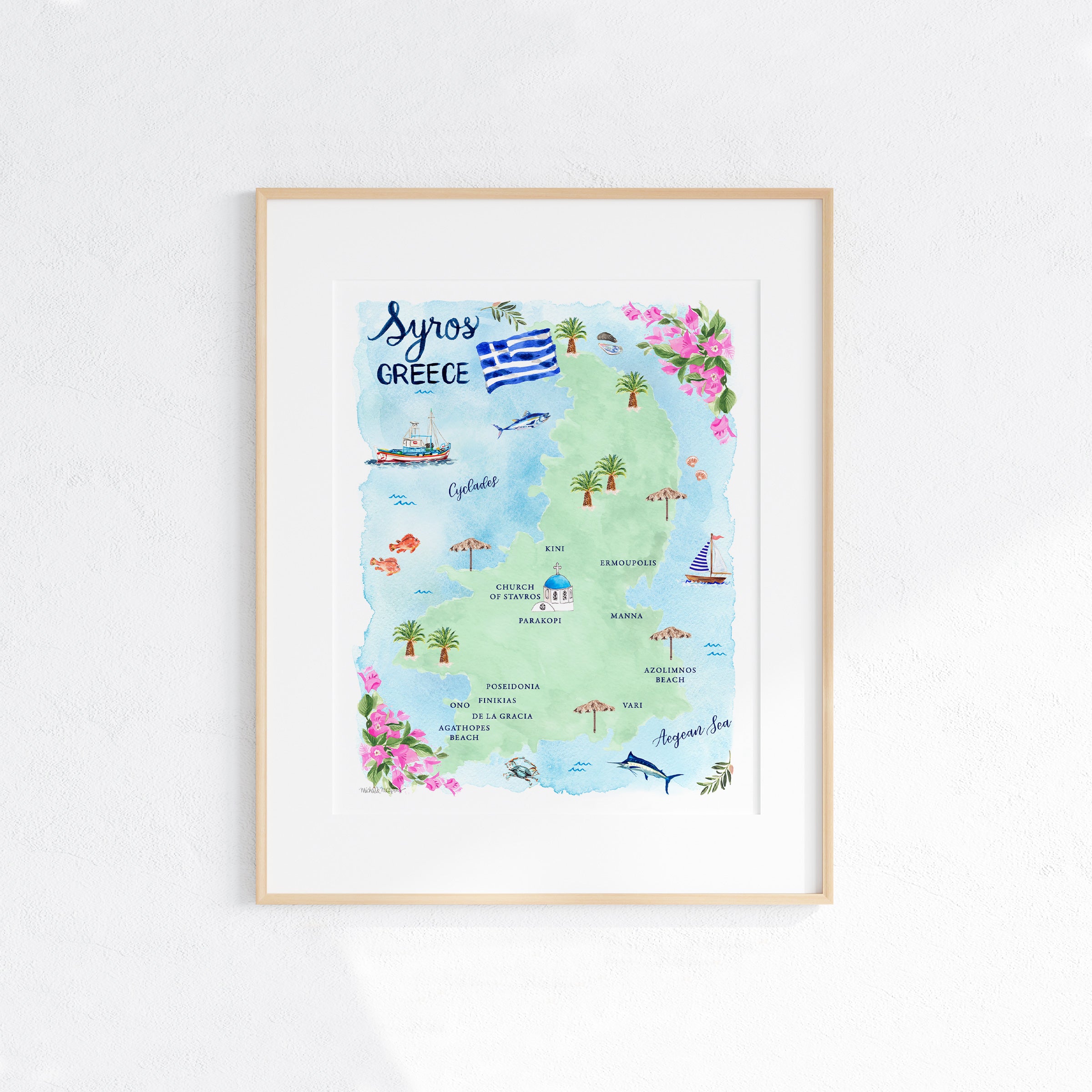 Syros Greece Map Art Print - Watercolor by Michelle Mospens