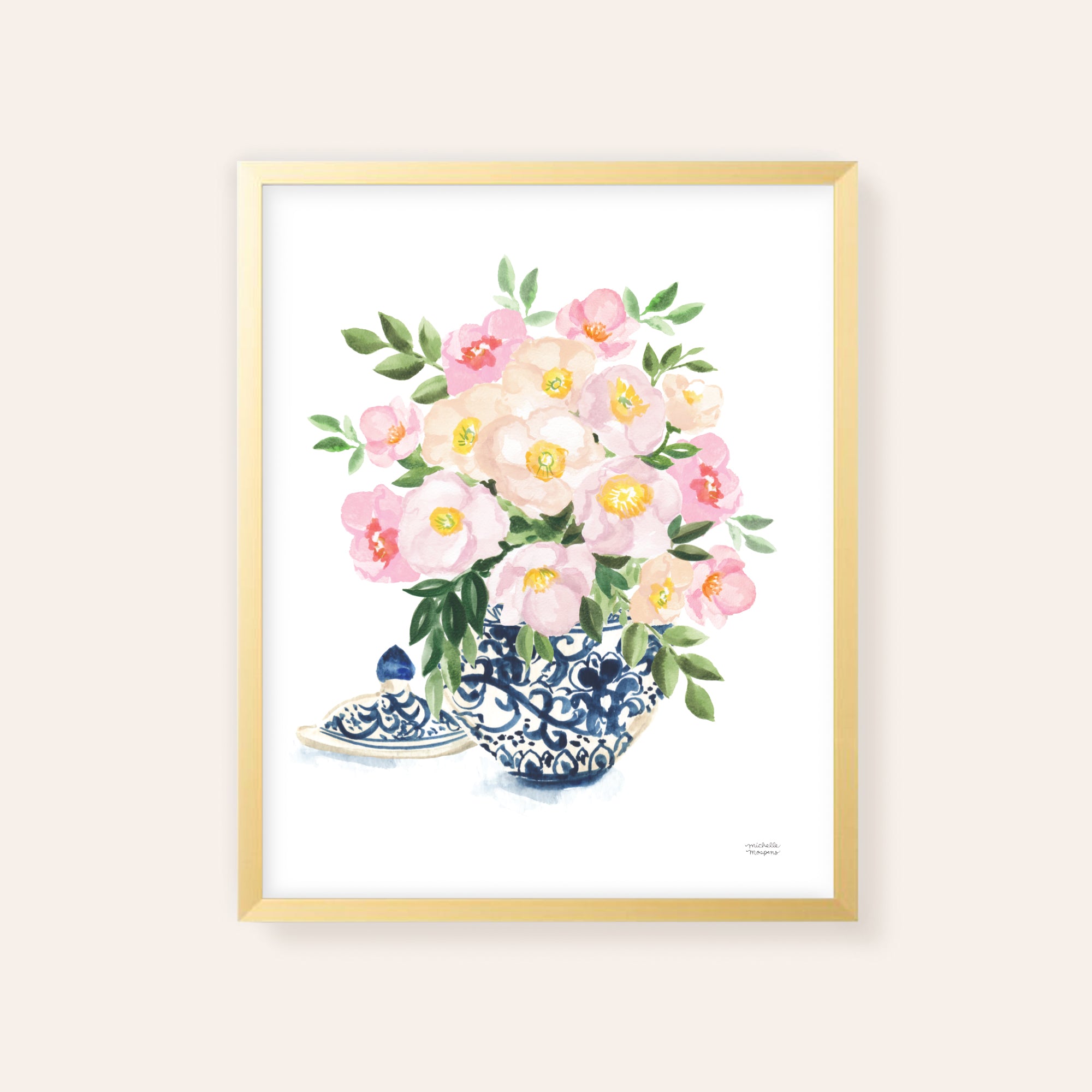 Watercolor Ginger Jar No8 with Flowers Art Print