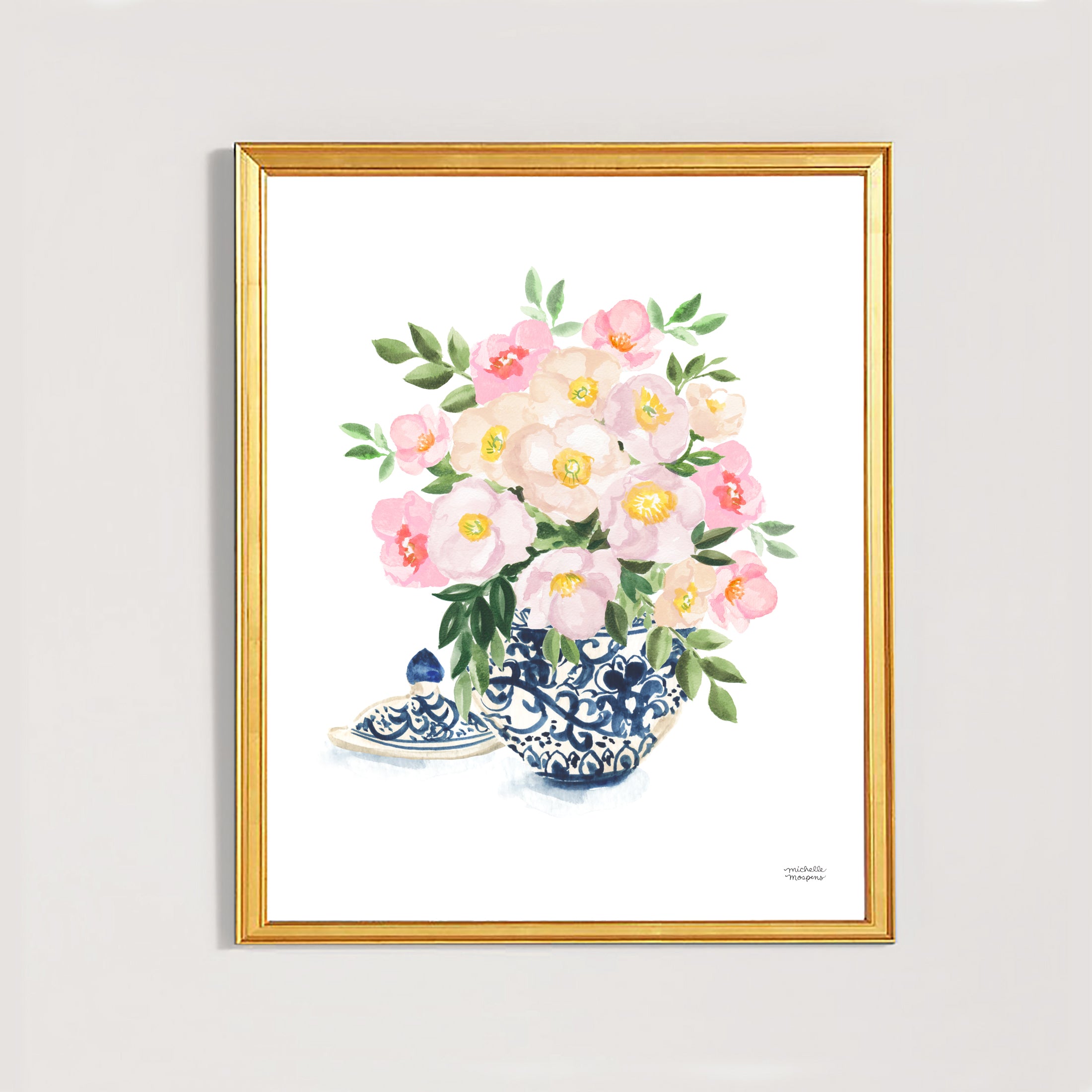 Watercolor ginger jar blue and white vase with flowers by watercolor artist Michelle Mospens.