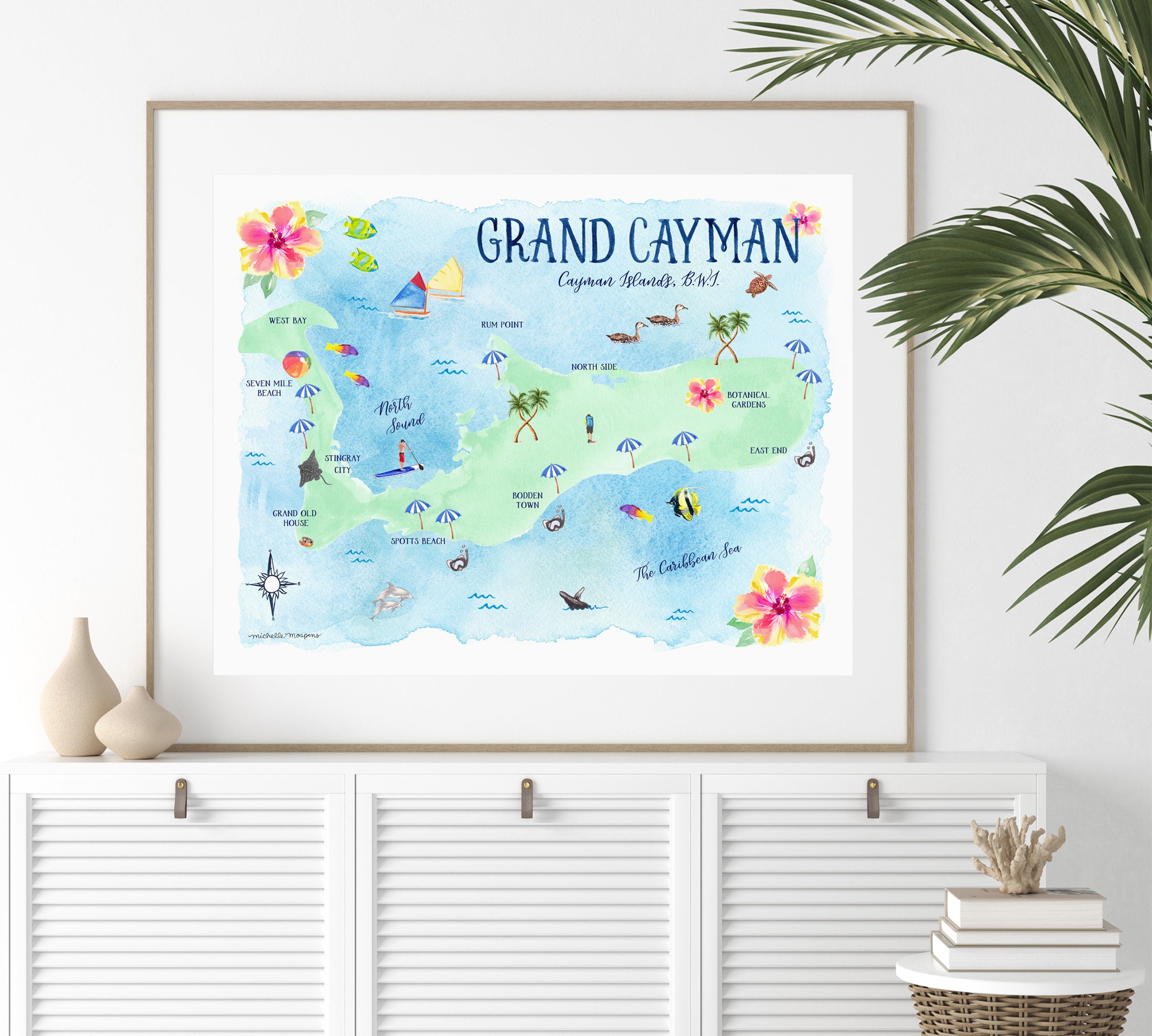 Grand Cayman Map Watercolor Art Print by Michelle Mospens