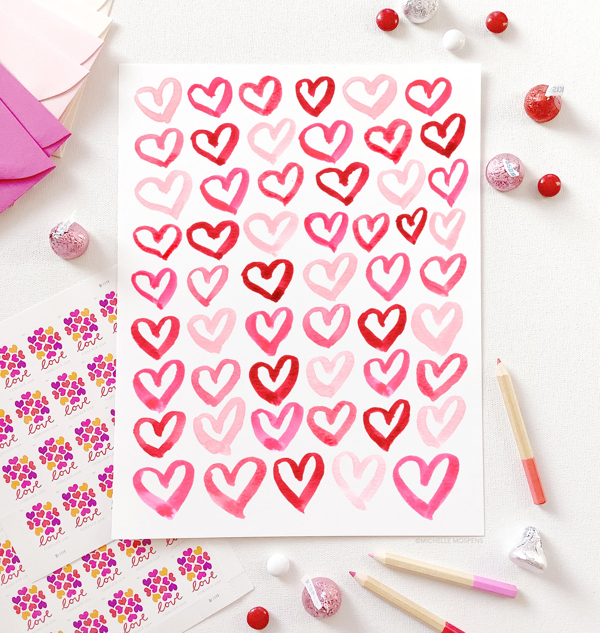Watercolor Hearts Art Print by Michelle Mospens