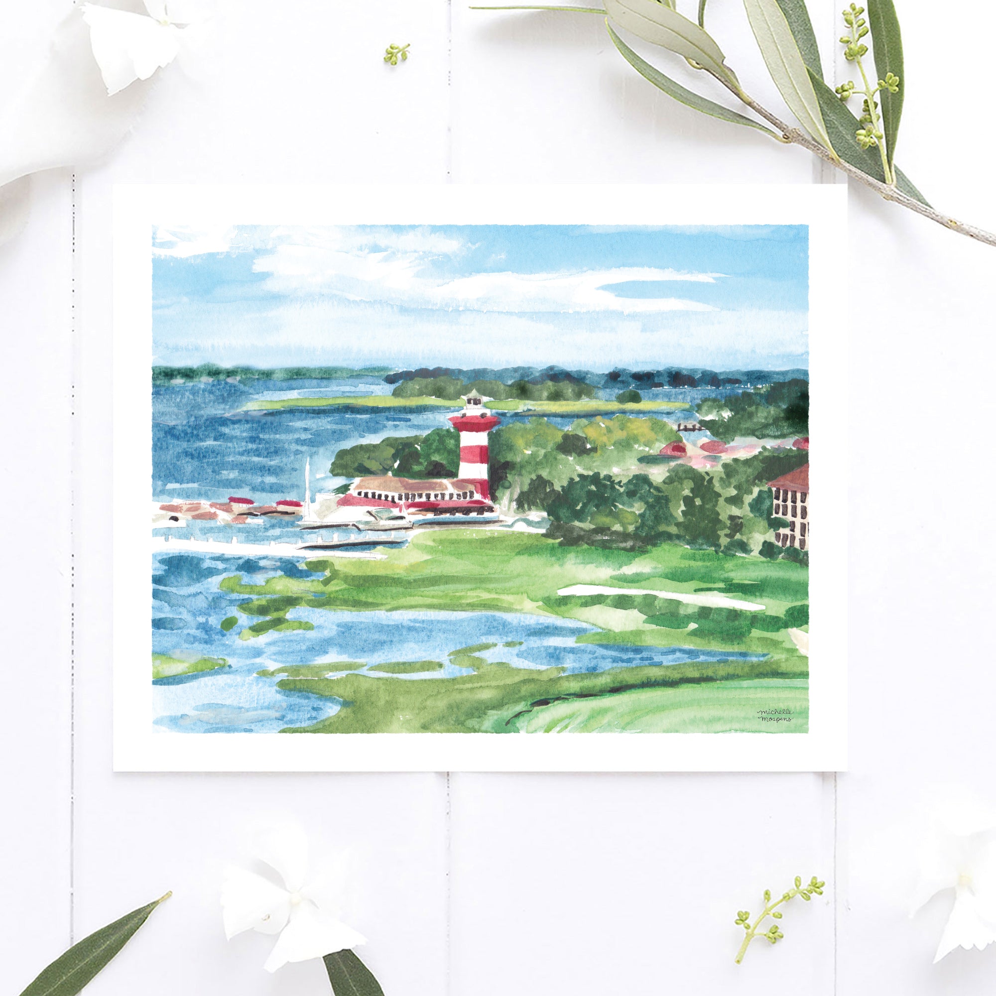 Watercolor Harbour Town in The Sea Pines Resort at Hilton Head Island Art Print