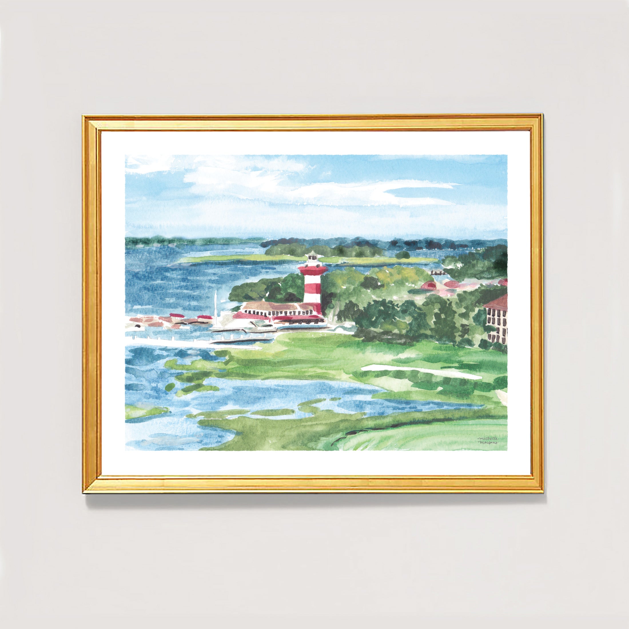 Watercolor Harbour Town in The Sea Pines Resort at Hilton Head Island Art Print