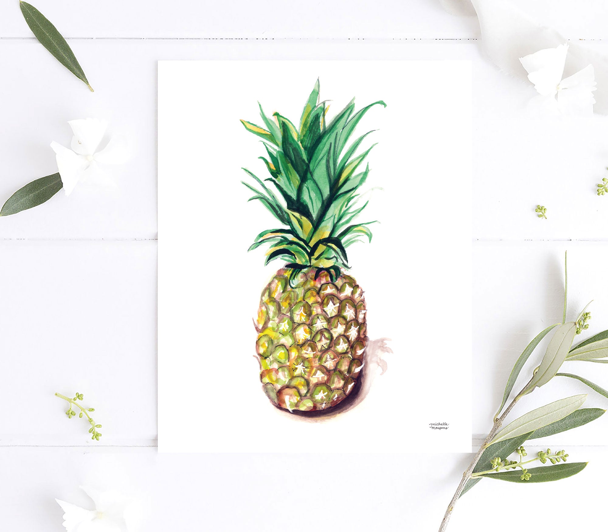 Pineapple Watercolor Painting Fruit Artwork Yellow and Green Modern Kitchen Wall Art Watercolor Pineapple Art Print