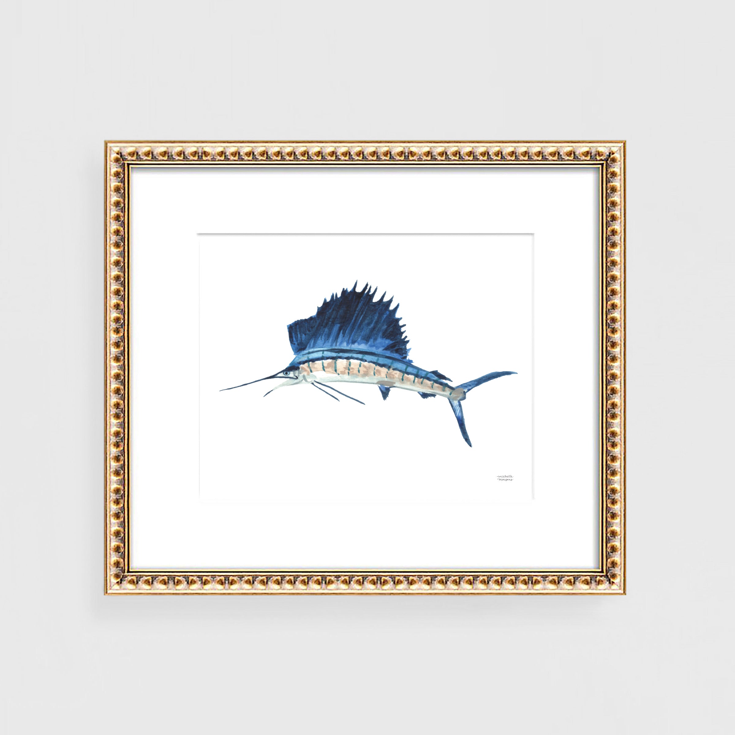 Watercolor Blue Sailfish Wall Art Print Coastal Wall Decor