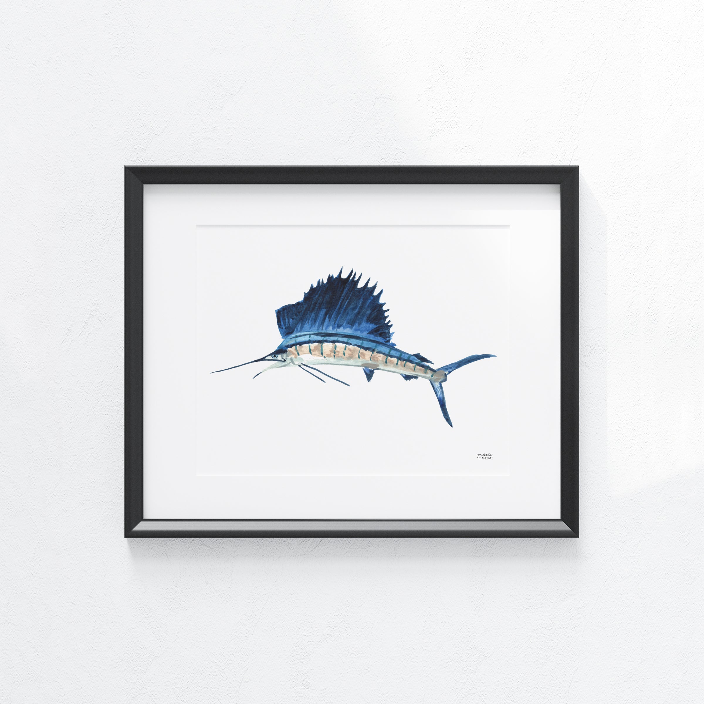 Watercolor Blue Sailfish Wall Art Print Coastal Wall Decor