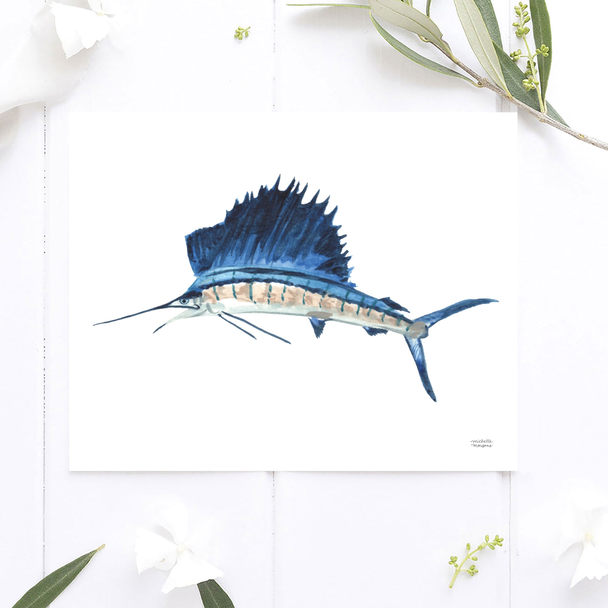 Watercolor Blue Sailfish Wall Art Print Coastal Wall Decor