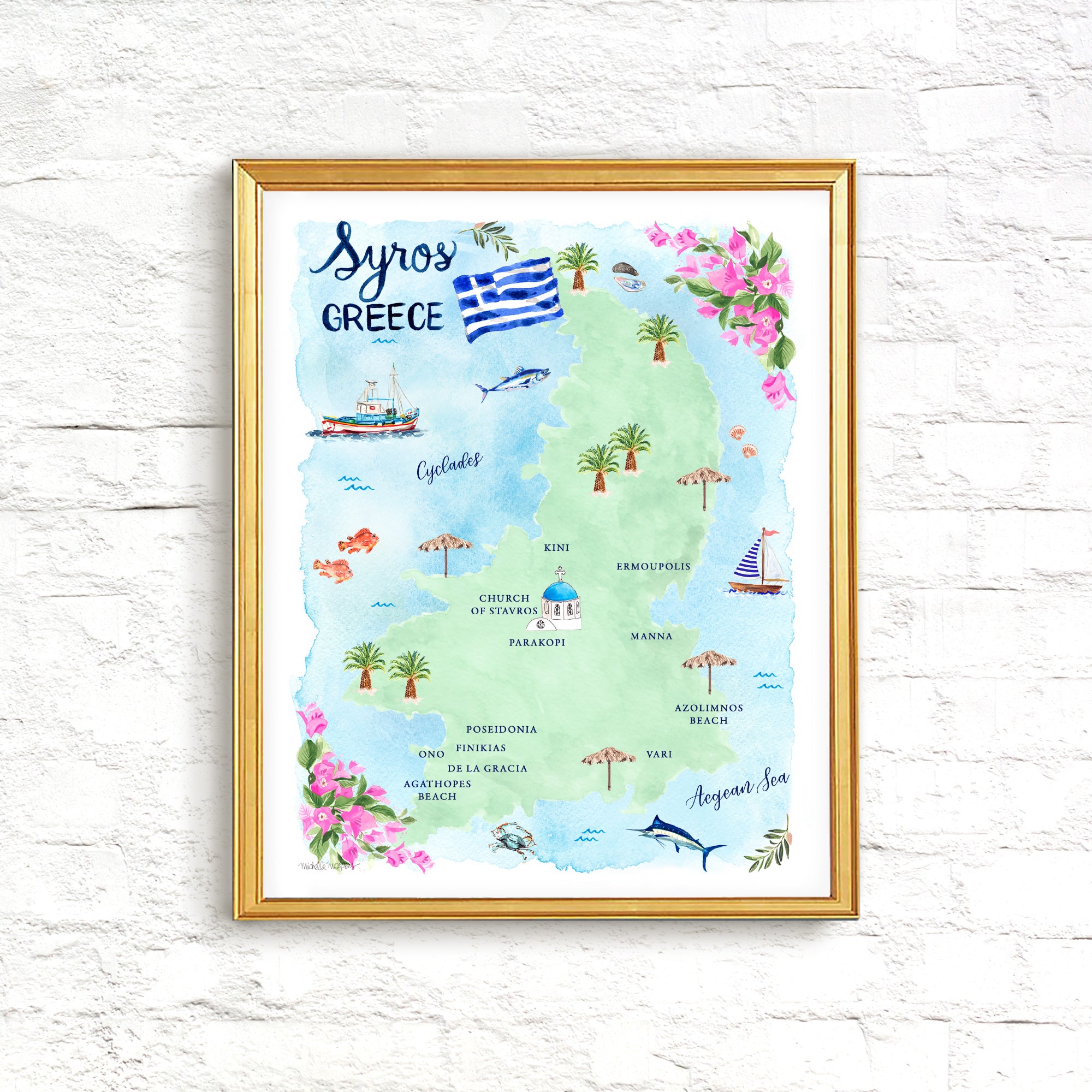 Syros Greece Map Art Print - Watercolor by Michelle Mospens