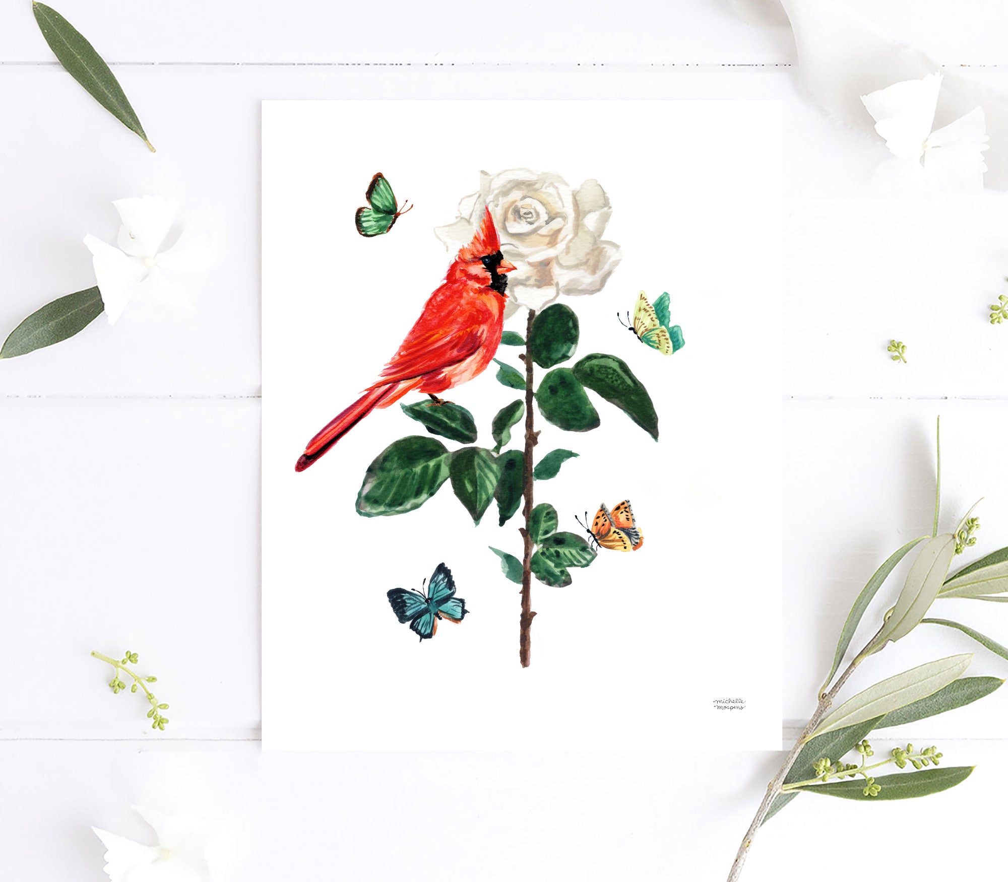 Mr. Cardinal Bird Watercolor Unframed Wall Art Print by Michelle Mospens