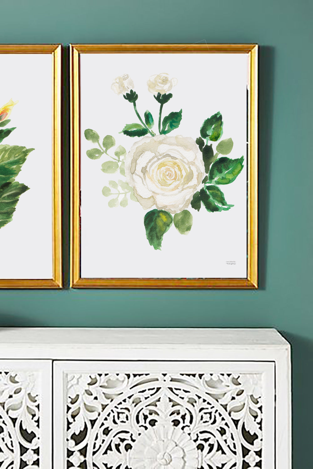 Watercolor White Rose Posy Wall Art Print Unframed