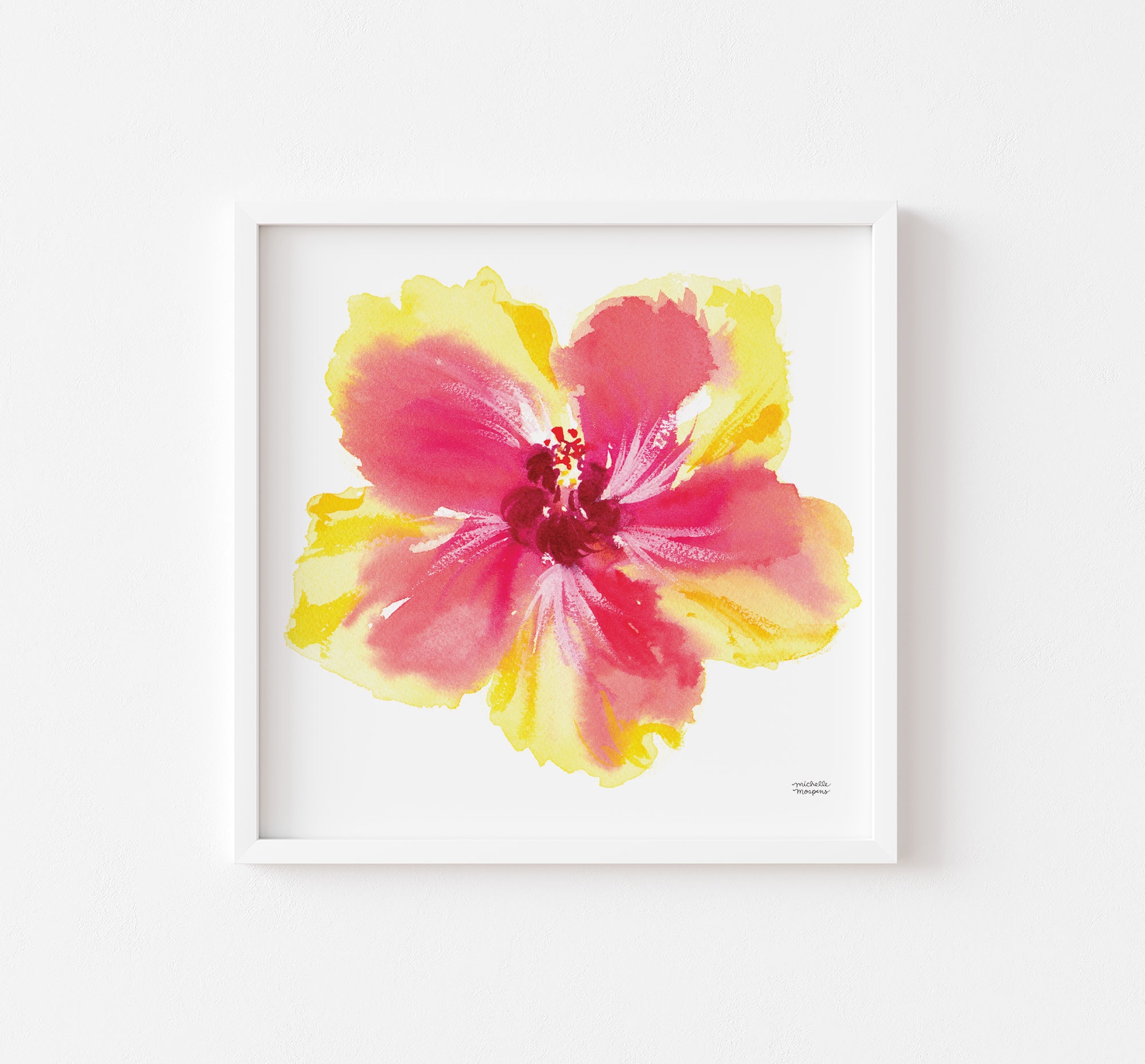 Tropical Yellow Coral Hibiscus Flower Watercolor Print by artist Michelle Mospens