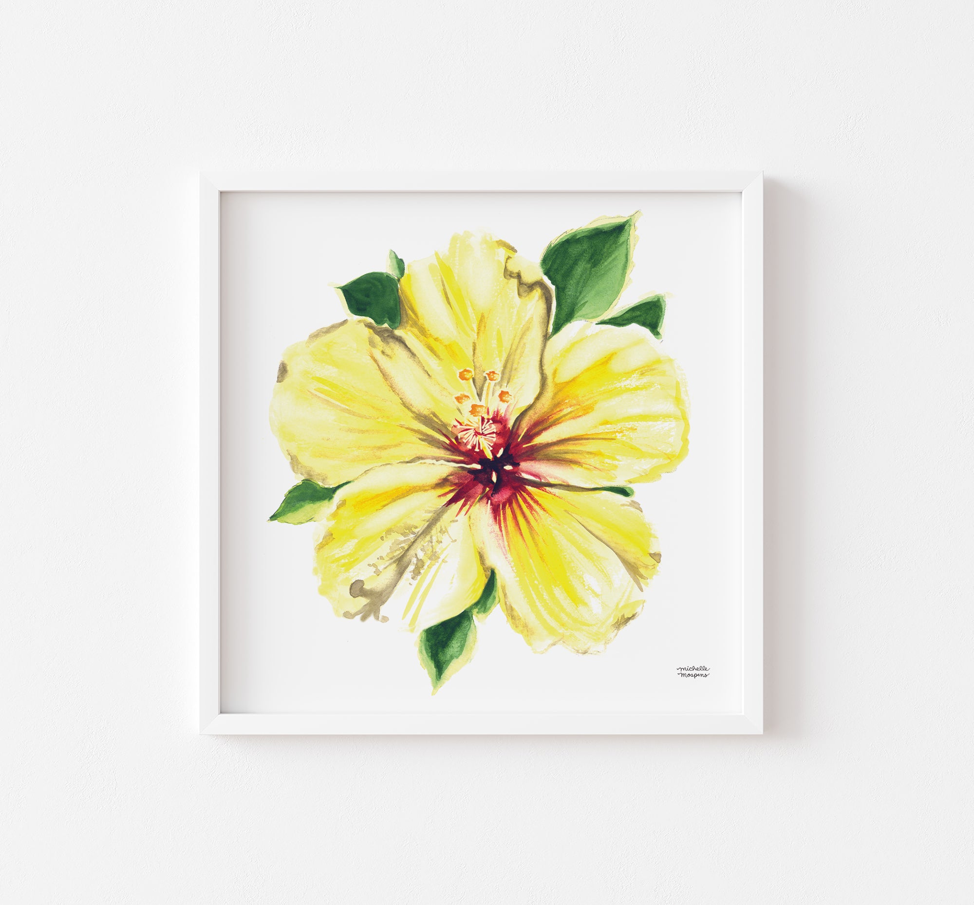 Tropical Yellow Hibiscus Flower Watercolor Print by artist Michelle Mospens