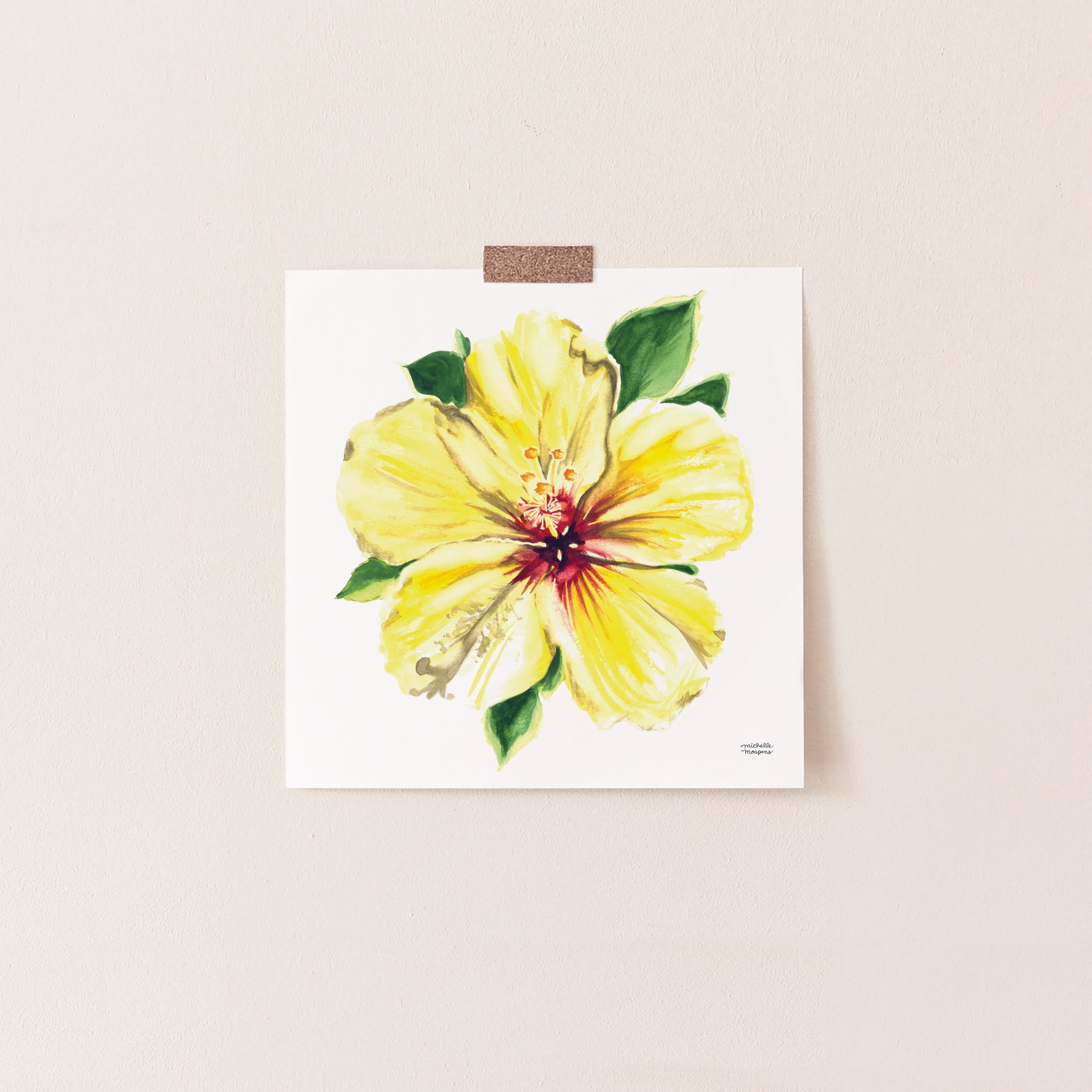 Tropical Yellow Hibiscus Flower Watercolor Print by artist Michelle Mospens
