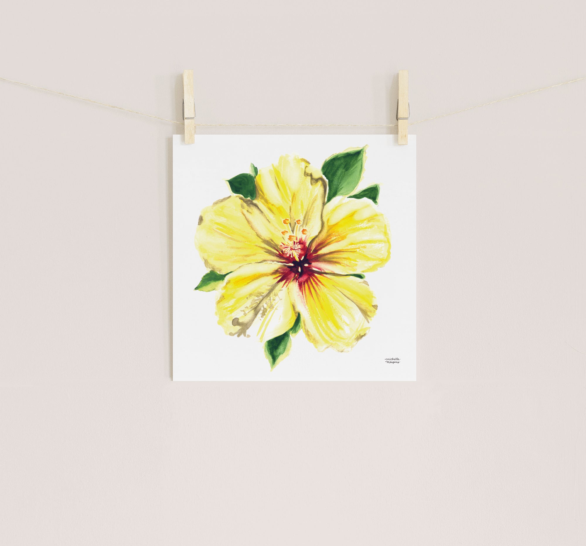 Tropical Yellow Hibiscus Flower Watercolor Print by artist Michelle Mospens