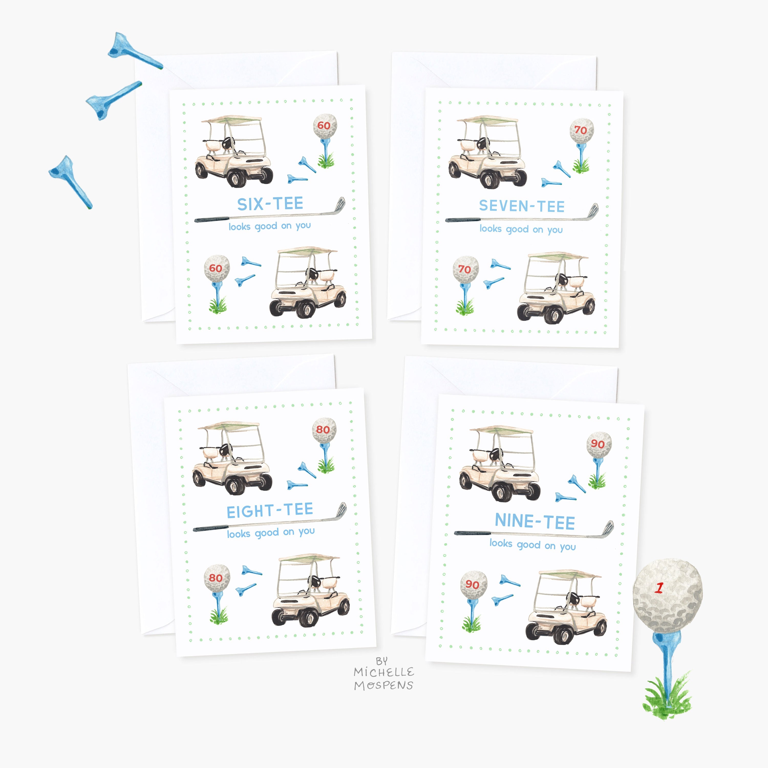 Cute Watercolor Illustrated Golf Themed Greeting Cards