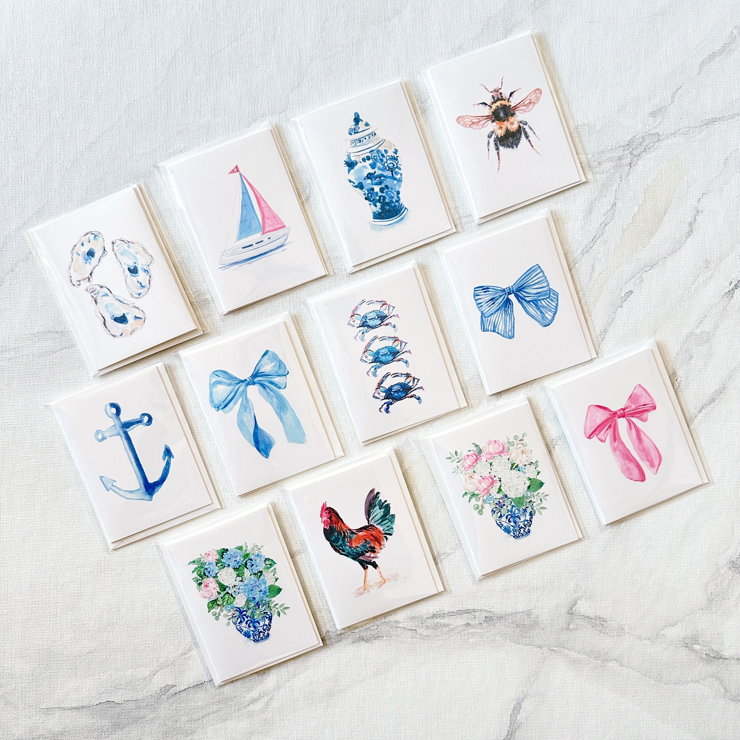 Watercolor Mini Enclosure Cards with Coastal Grandmillennial Charm
