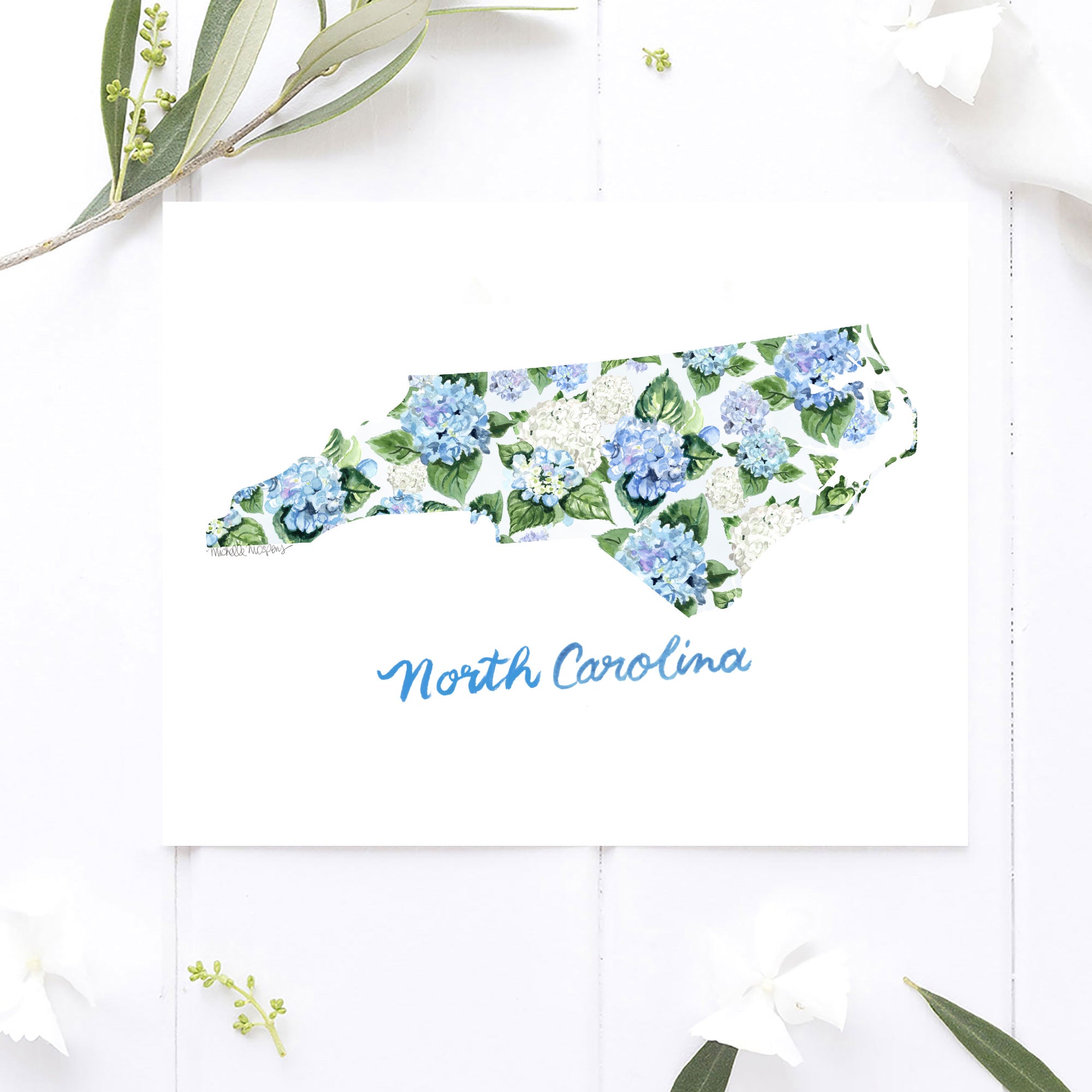 Watercolor Hydrangeas North Carolina State Wall Art Print by Michelle Mospens