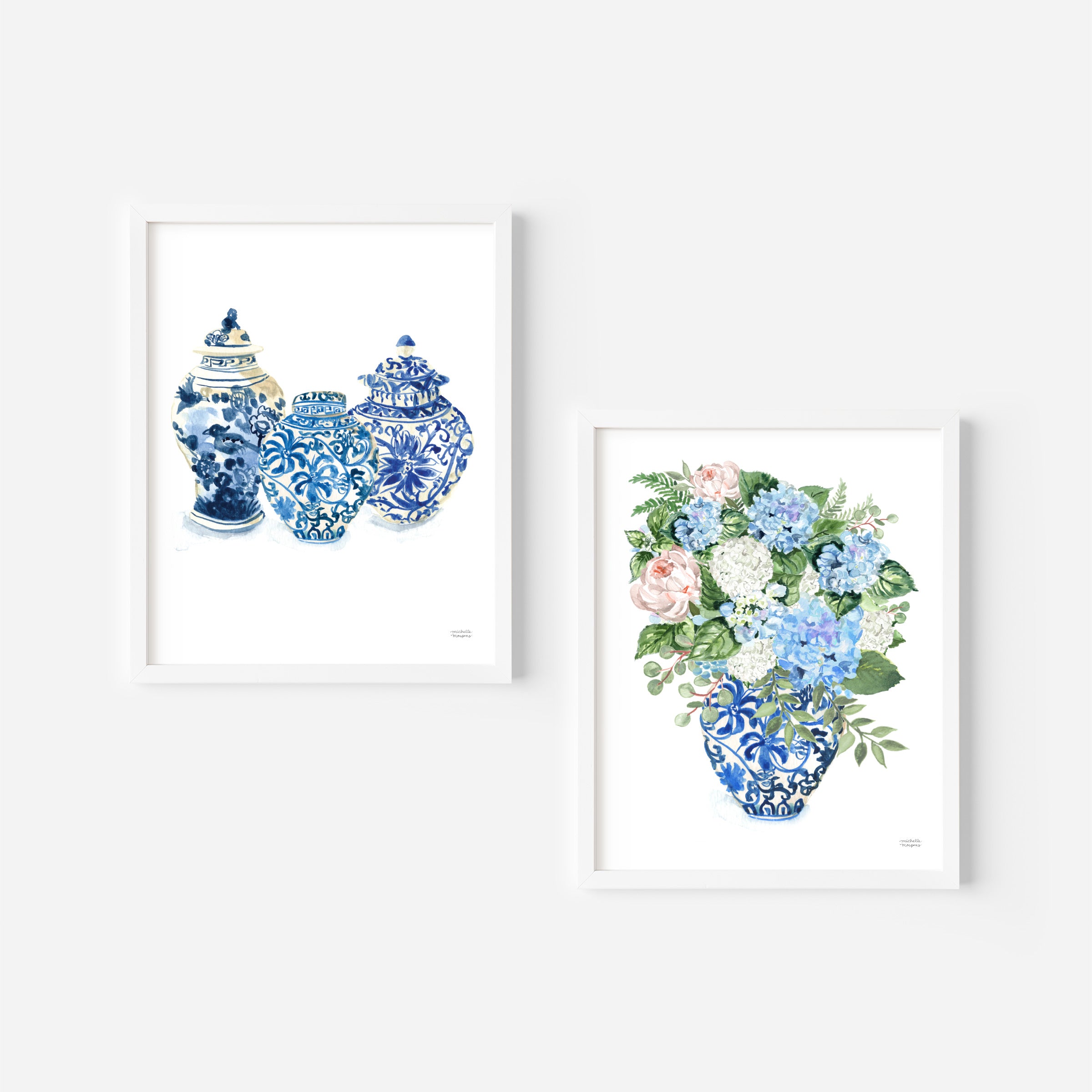 Blue and White Ginger Jar Collection and Ginger Jar Bouquet No21 Watercolor Prints Set of 2 Unframed