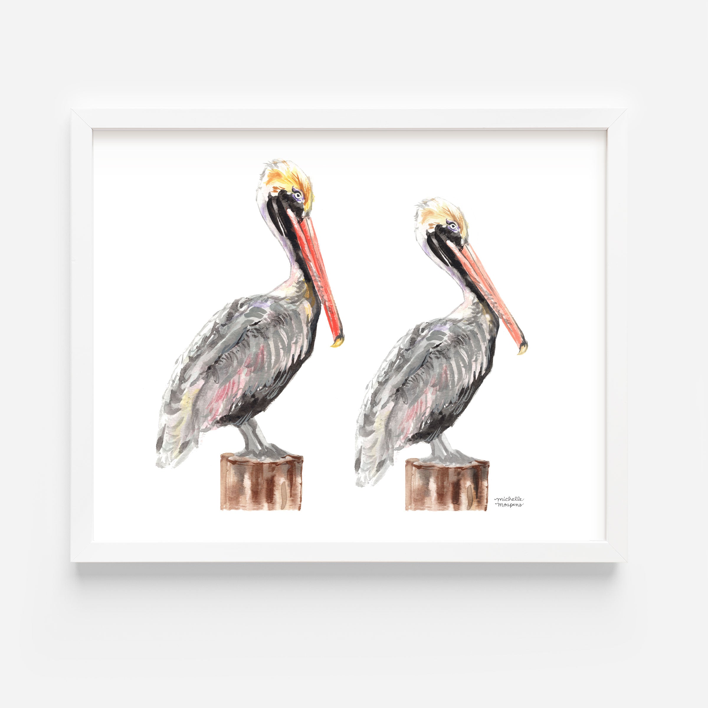 Hilton Head Island Pelicans Watercolor Coastal Wall Art Unframed Print